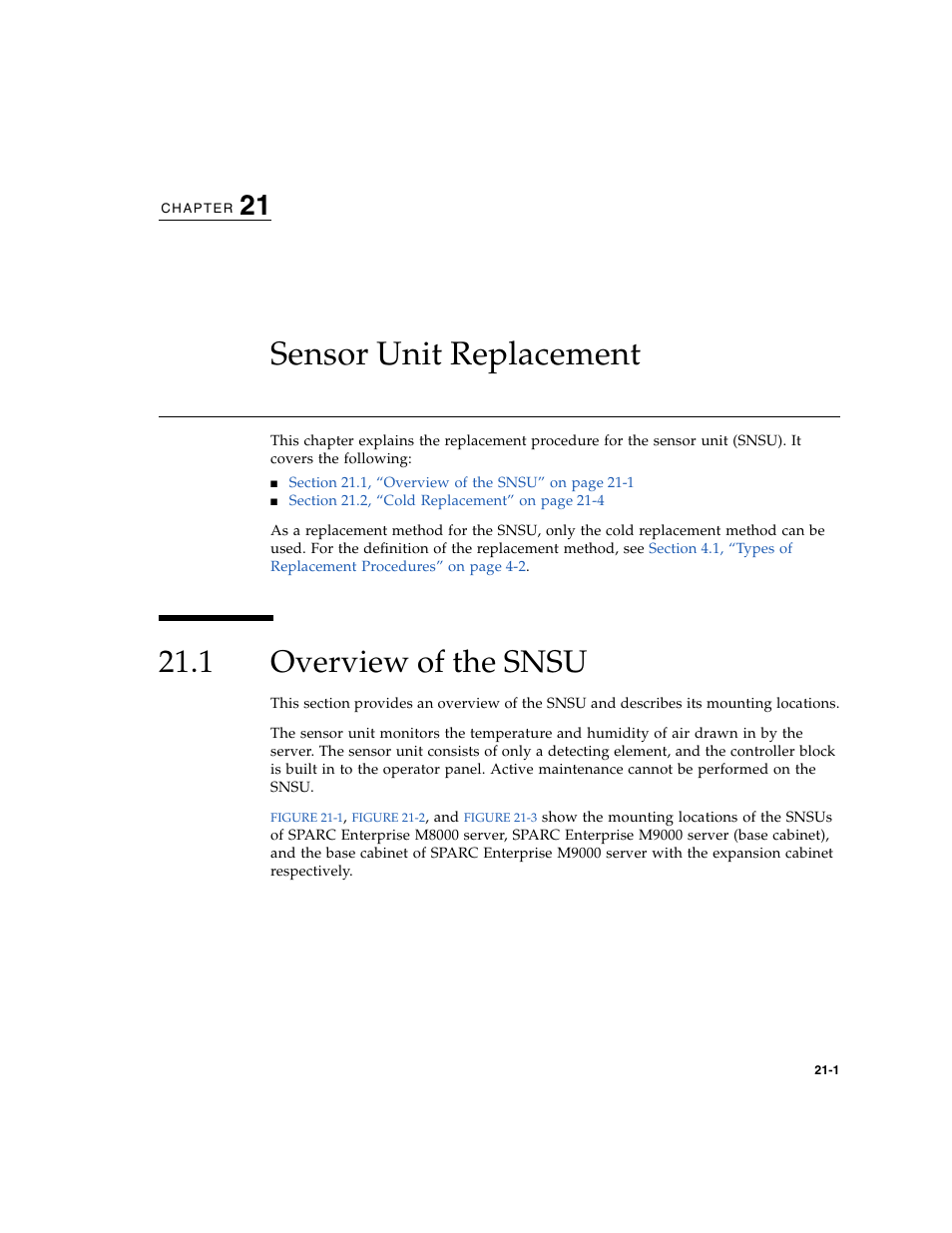 Sensor unit replacement, 1 overview of the snsu, Overview of the snsu | Chapter 21 | FUJITSU SPARC ENTERPRISE M8000 User Manual | Page 387 / 514