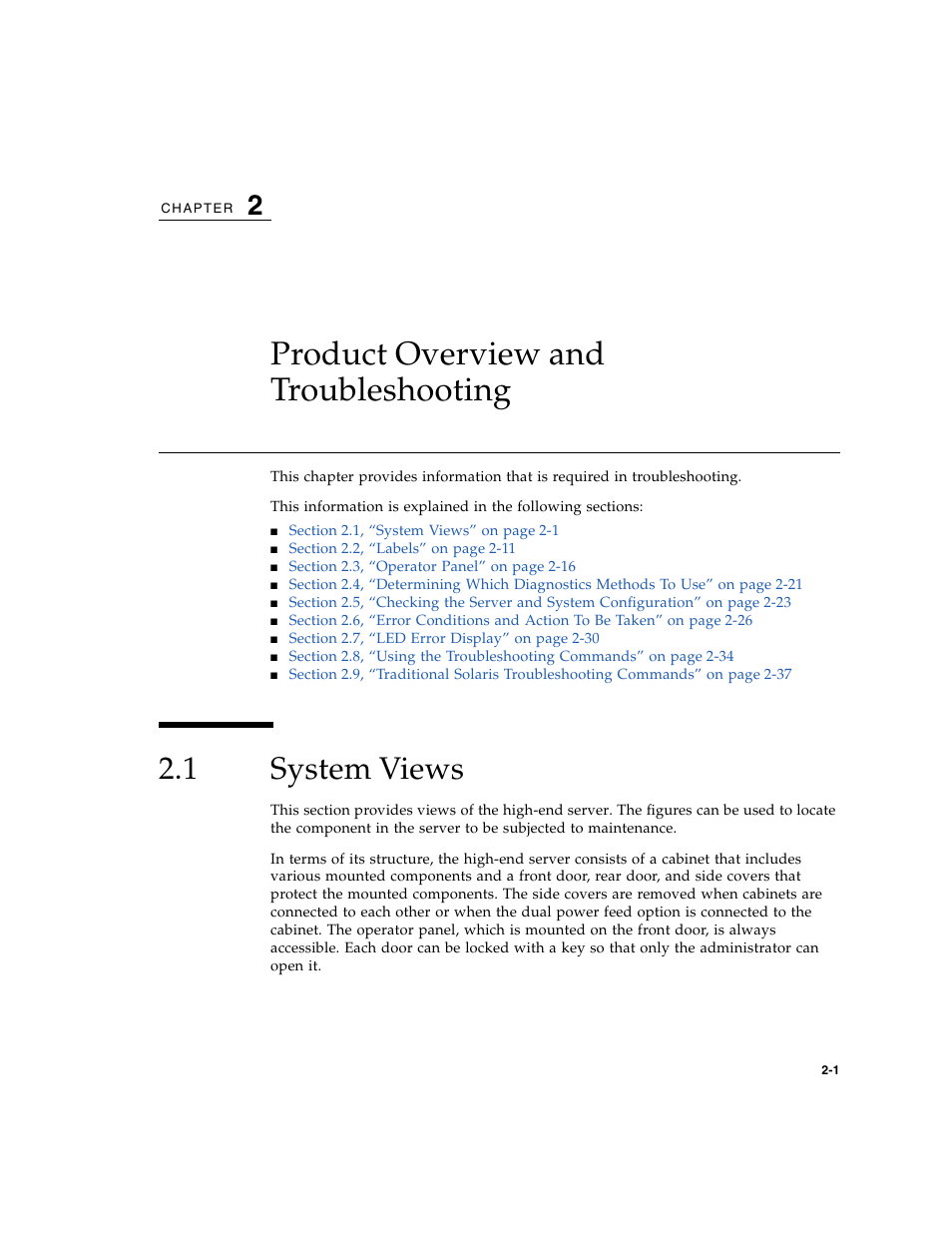Product overview and troubleshooting, 1 system views, System views | Chapter 2 | FUJITSU SPARC ENTERPRISE M8000 User Manual | Page 39 / 514