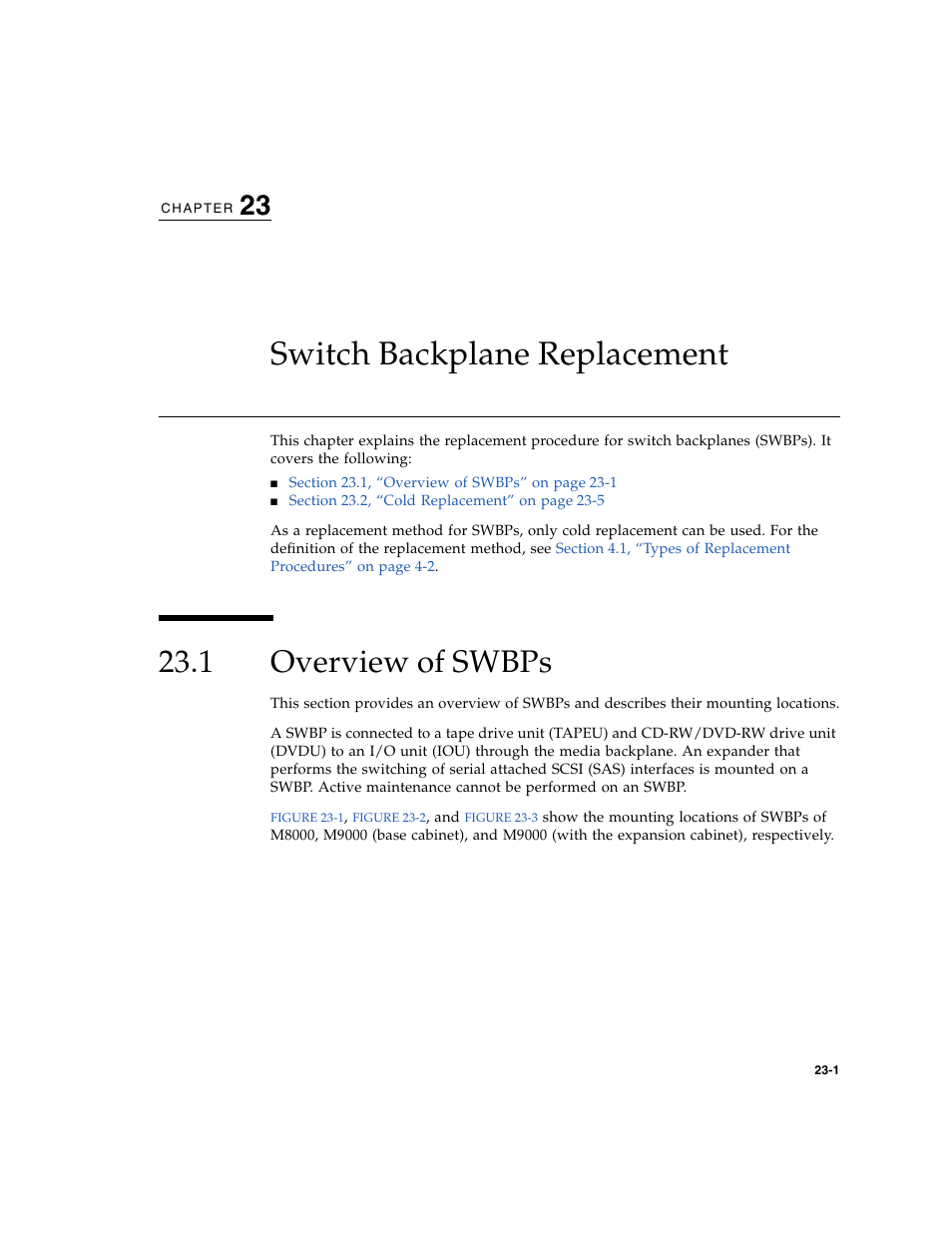 Switch backplane replacement, 1 overview of swbps, Overview of swbps | Chapter 23 | FUJITSU SPARC ENTERPRISE M8000 User Manual | Page 405 / 514