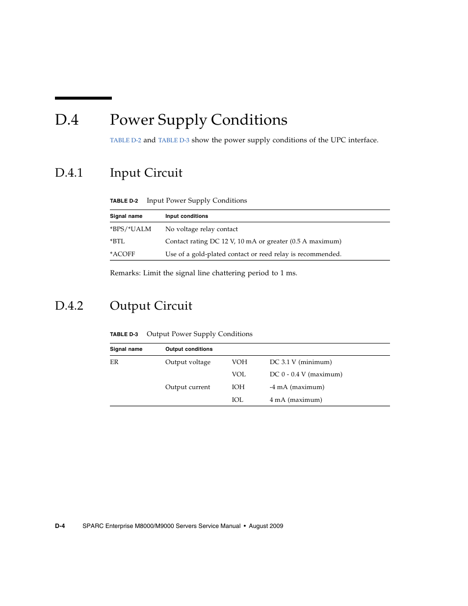 D.4 power supply conditions, D.4.1 input circuit, D.4.2 output circuit | Power supply conditions, D.4.1, Input circuit, D.4.2, Output circuit | FUJITSU SPARC ENTERPRISE M8000 User Manual | Page 498 / 514