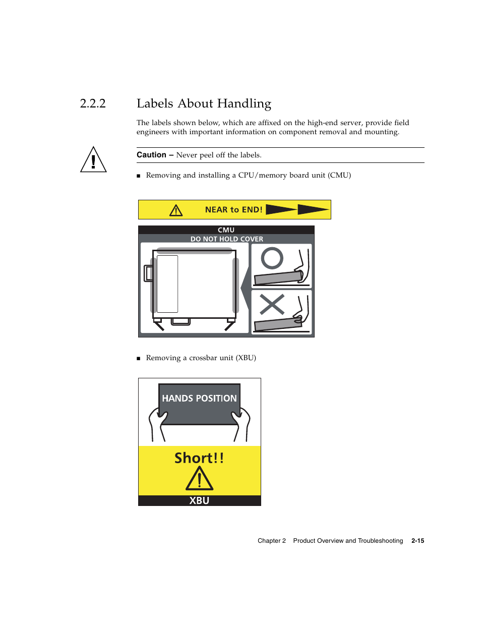 2 labels about handling, Labels about handling | FUJITSU SPARC ENTERPRISE M8000 User Manual | Page 53 / 514