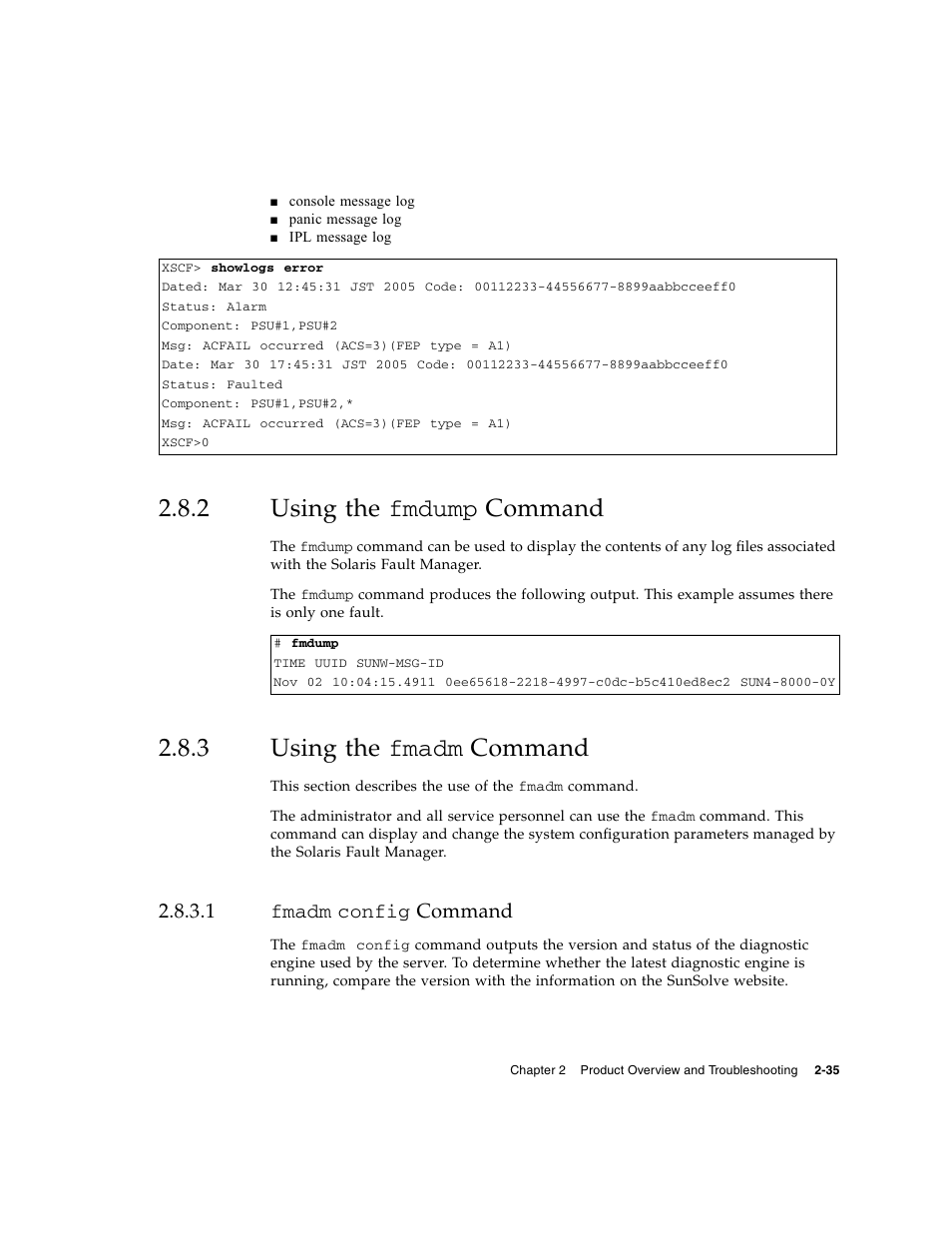 2 using the fmdump command, 3 using the fmadm command, 1 fmadm config command | Using the, Fmadm | FUJITSU SPARC ENTERPRISE M8000 User Manual | Page 73 / 514