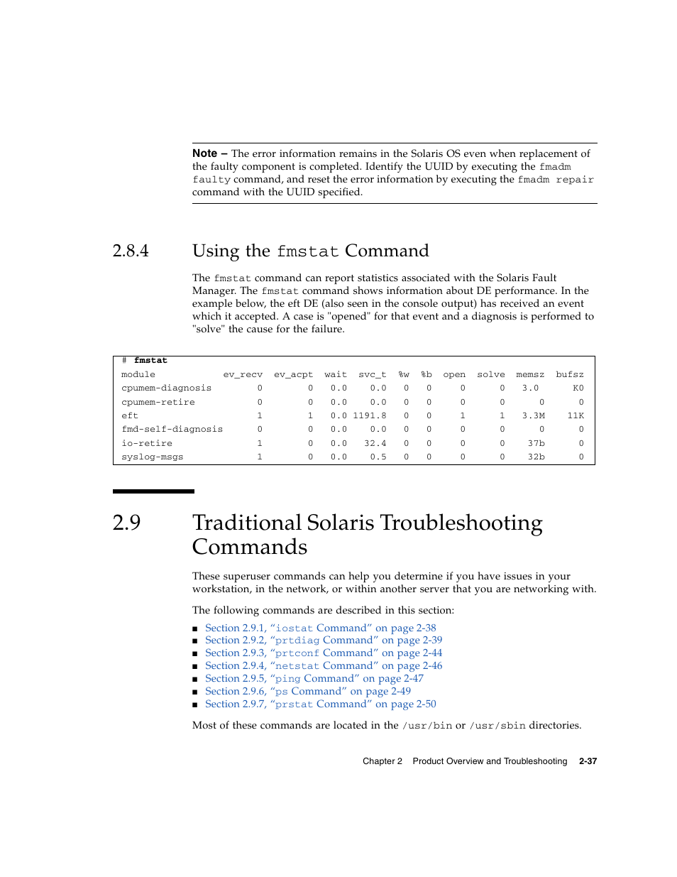 4 using the fmstat command, 9 traditional solaris troubleshooting commands, Using the | Traditional solaris troubleshooting commands | FUJITSU SPARC ENTERPRISE M8000 User Manual | Page 75 / 514