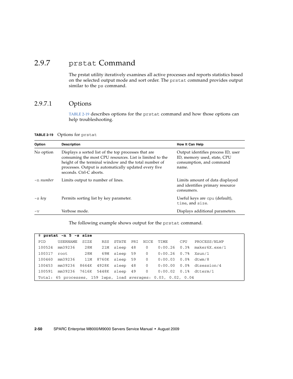 7 prstat command, 1 options, Options | FUJITSU SPARC ENTERPRISE M8000 User Manual | Page 88 / 514
