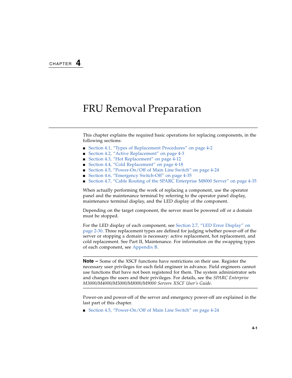 Fru removal preparation, Chapter 4 | FUJITSU SPARC ENTERPRISE M8000 User Manual | Page 95 / 514