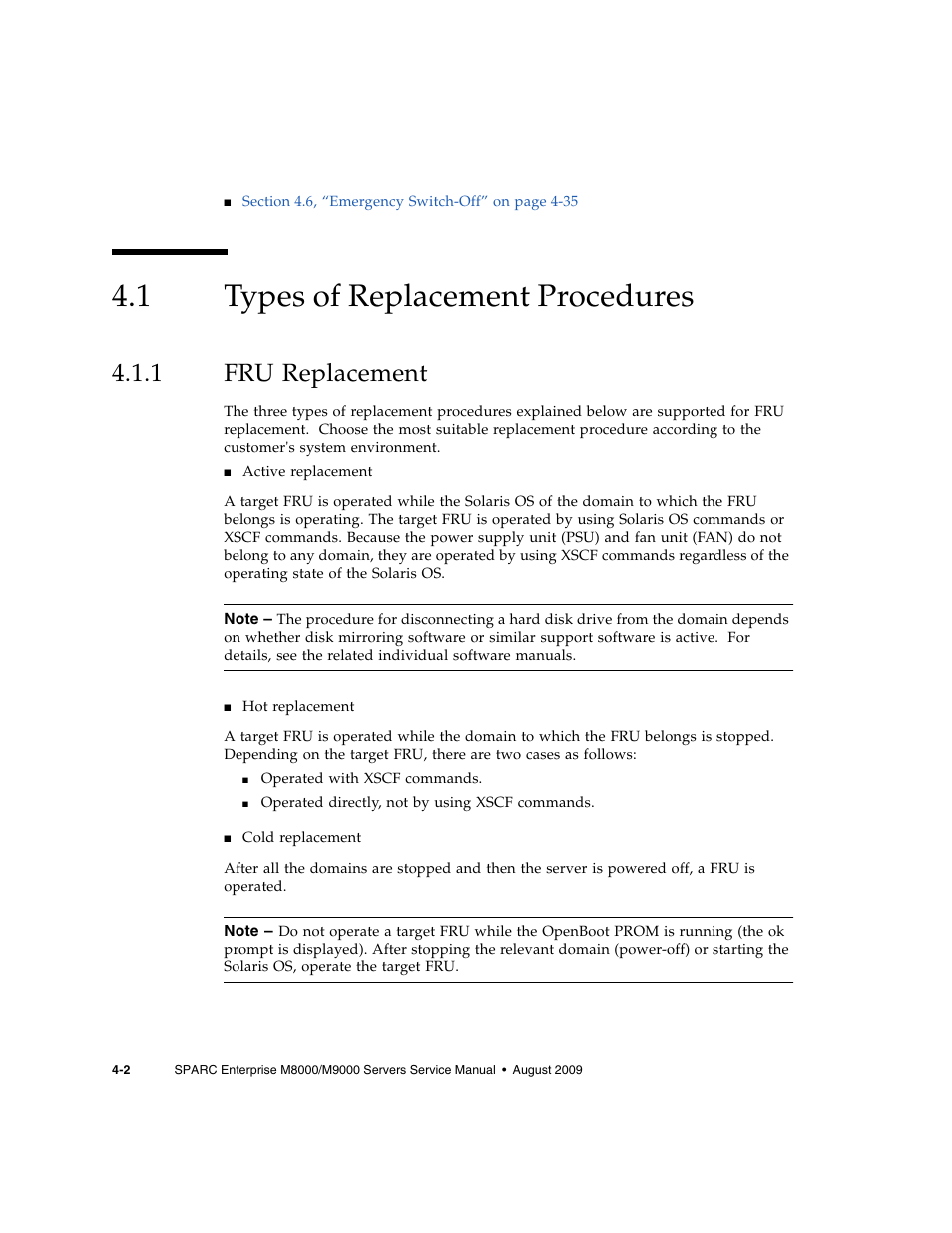 1 types of replacement procedures, 1 fru replacement, Types of replacement procedures | Fru replacement | FUJITSU SPARC ENTERPRISE M8000 User Manual | Page 96 / 514