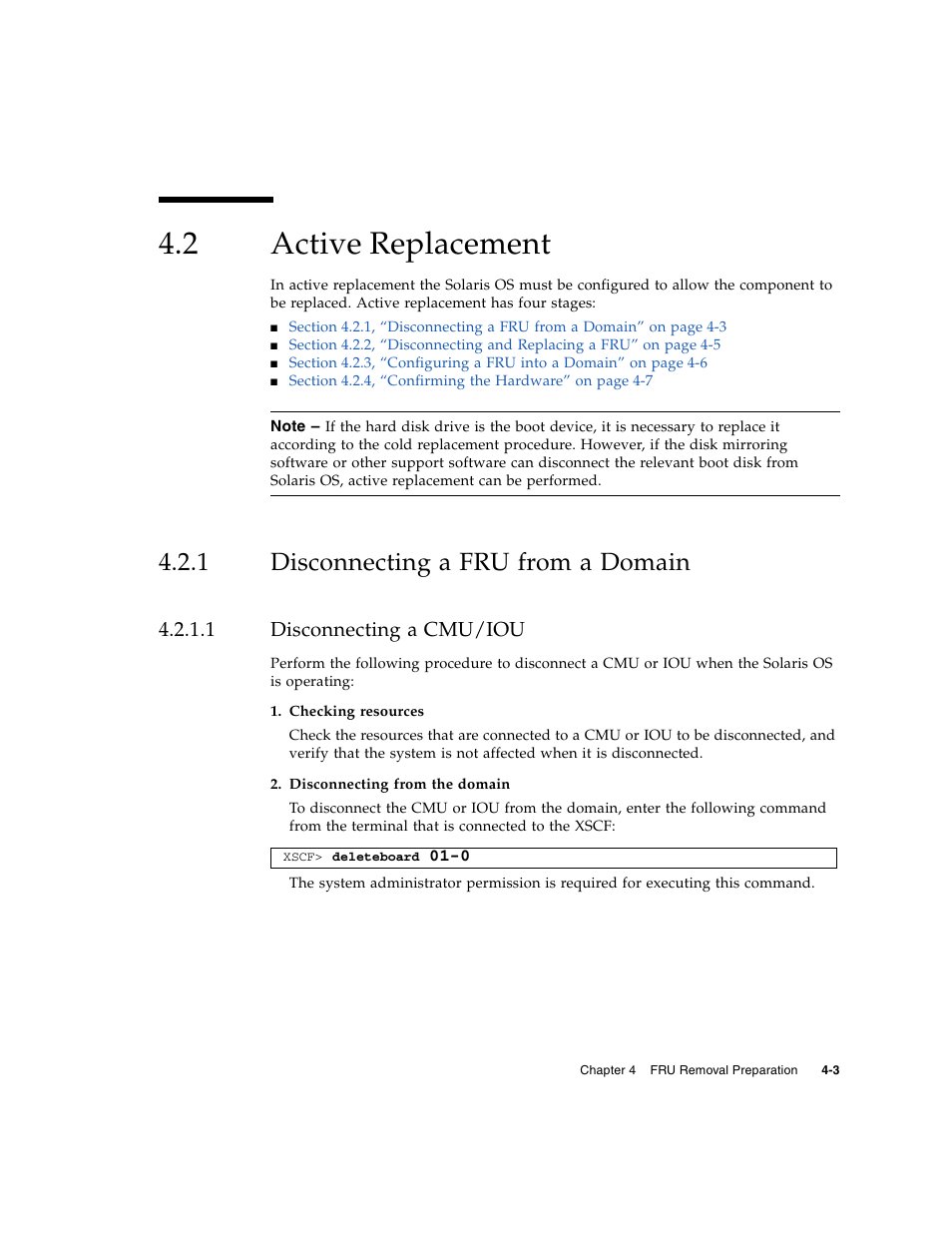 2 active replacement, 1 disconnecting a fru from a domain, 1 disconnecting a cmu/iou | Active replacement, Disconnecting a fru from a domain, Disconnecting a cmu/iou | FUJITSU SPARC ENTERPRISE M8000 User Manual | Page 97 / 514