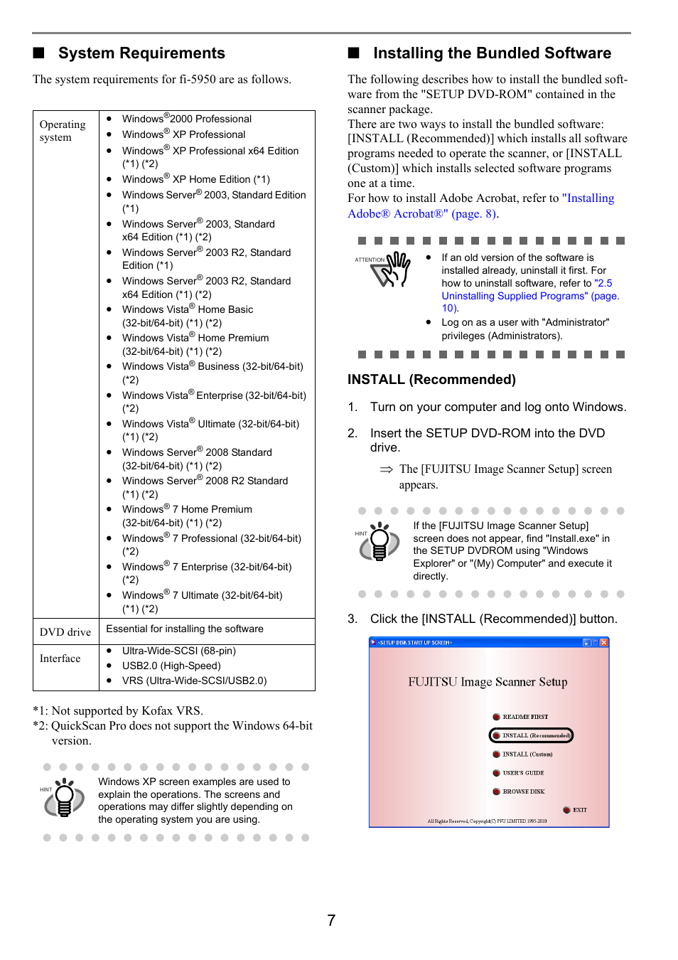 7■ system requirements, Installing the bundled software, Install (recommended) | FUJITSU Image Scanner fi-5950 User Manual | Page 16 / 26