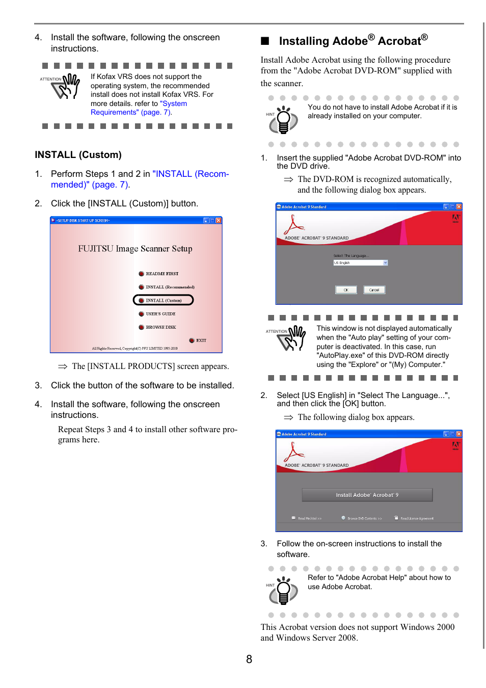 Installing, Installing adobe, Acrobat | FUJITSU Image Scanner fi-5950 User Manual | Page 17 / 26