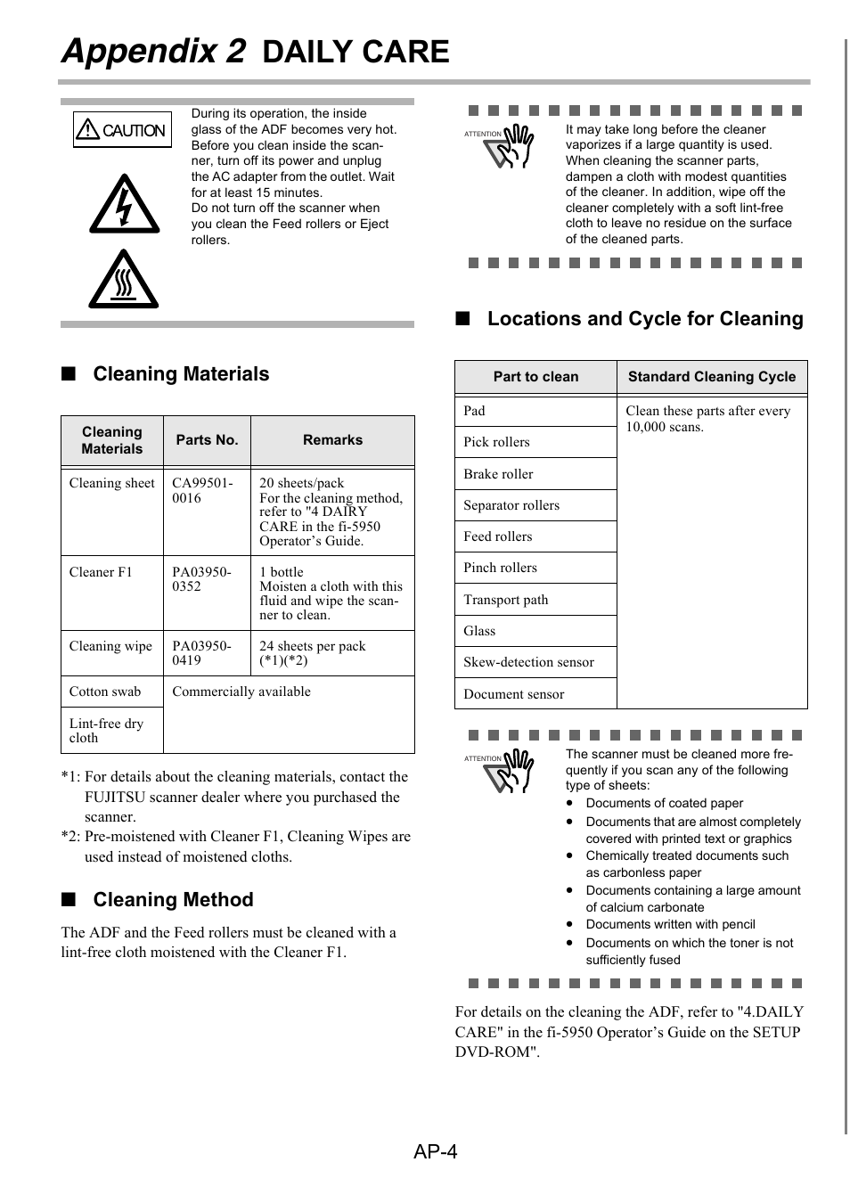 Appendix 2 daily care, Appendix 2, Daily care | Ap-4, Cleaning materials, Cleaning method, Locations and cycle for cleaning | FUJITSU Image Scanner fi-5950 User Manual | Page 23 / 26