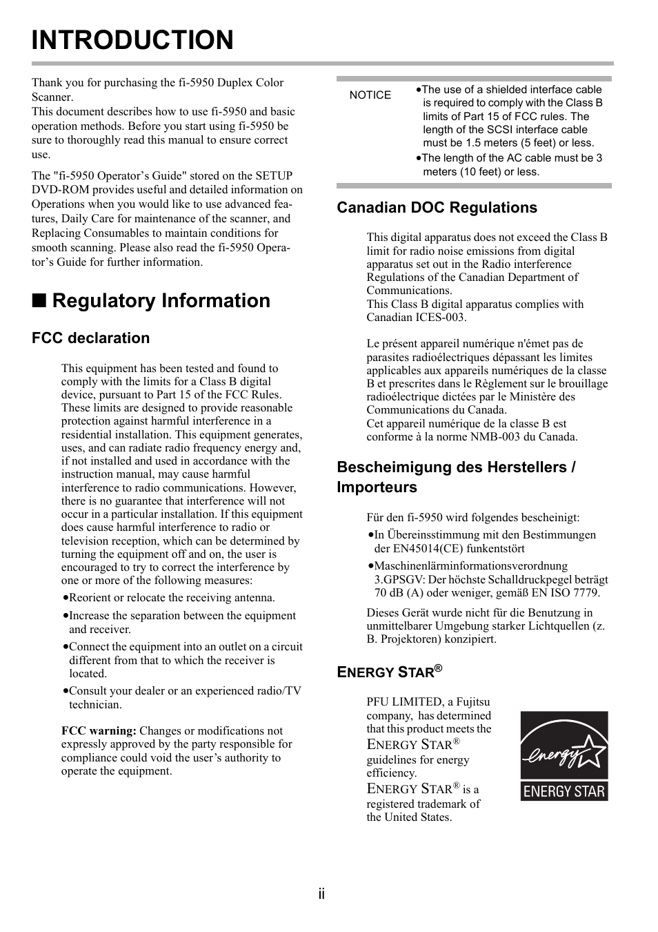 Introduction, Regulatory information, Fcc declaration | Canadian doc regulations, Bescheimigung des herstellers / importeurs | FUJITSU Image Scanner fi-5950 User Manual | Page 4 / 26