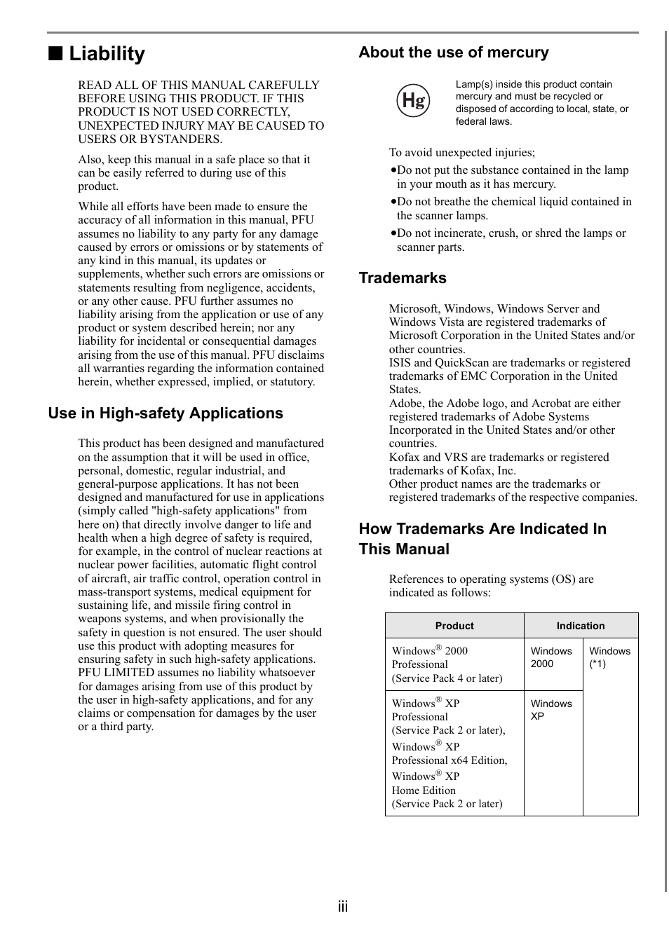 Liability, Use in high-safety applications, About the use of mercury | Trademarks, How trademarks are indicated in this manual | FUJITSU Image Scanner fi-5950 User Manual | Page 5 / 26