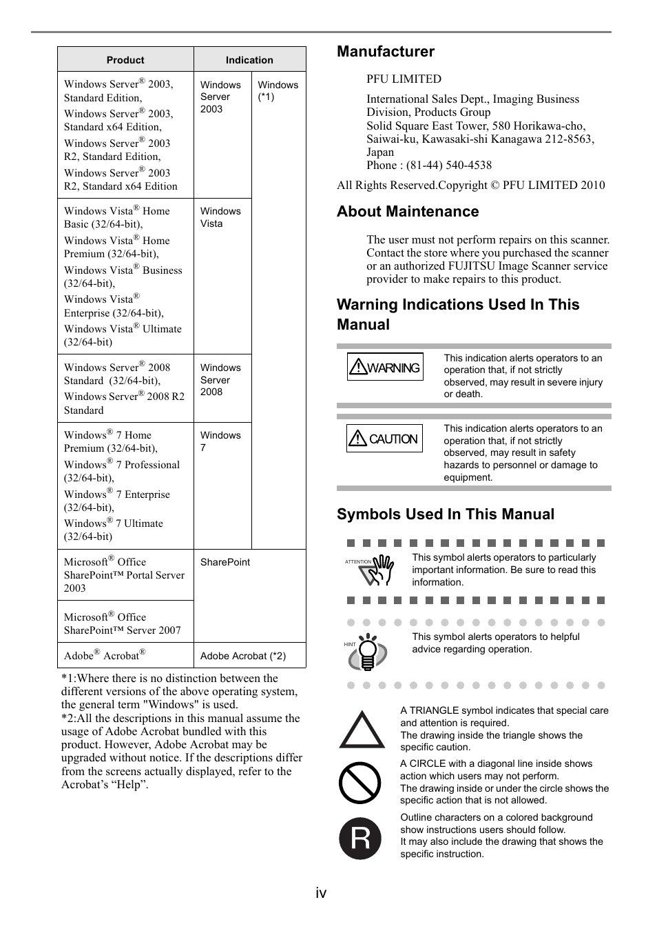 Manufacturer, About maintenance | FUJITSU Image Scanner fi-5950 User Manual | Page 6 / 26