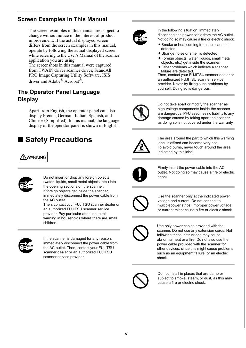 Safety precautions, Vscreen examples in this manual, The operator panel language display | FUJITSU Image Scanner fi-5950 User Manual | Page 7 / 26