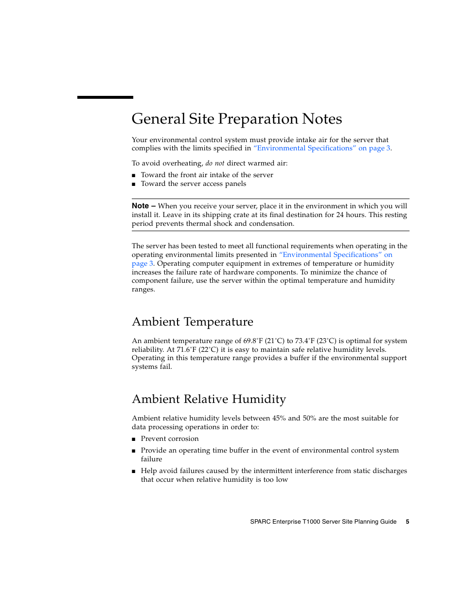 General site preparation notes, Ambient temperature, Ambient relative humidity | FUJITSU SPARC ENTERPRISE T1000 User Manual | Page 19 / 22