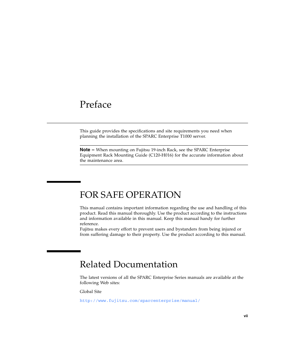 Preface, For safe operation, Related documentation | FUJITSU SPARC ENTERPRISE T1000 User Manual | Page 9 / 22