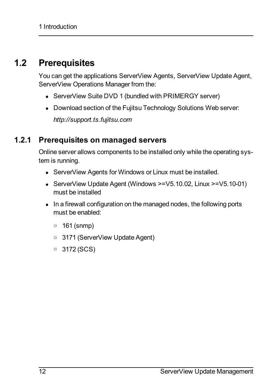 2 prerequisites, 1 prerequisites on managed servers | FUJITSU ServerView Suite V6.10 User Manual | Page 12 / 296