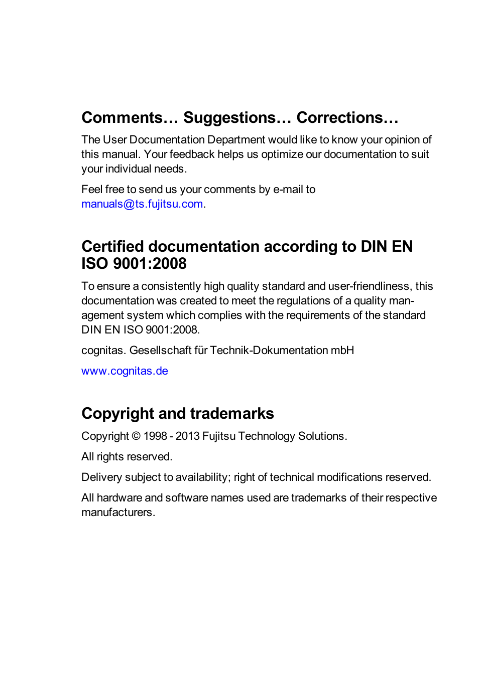 Comments… suggestions… corrections, Copyright and trademarks | FUJITSU ServerView Suite V6.10 User Manual | Page 2 / 296