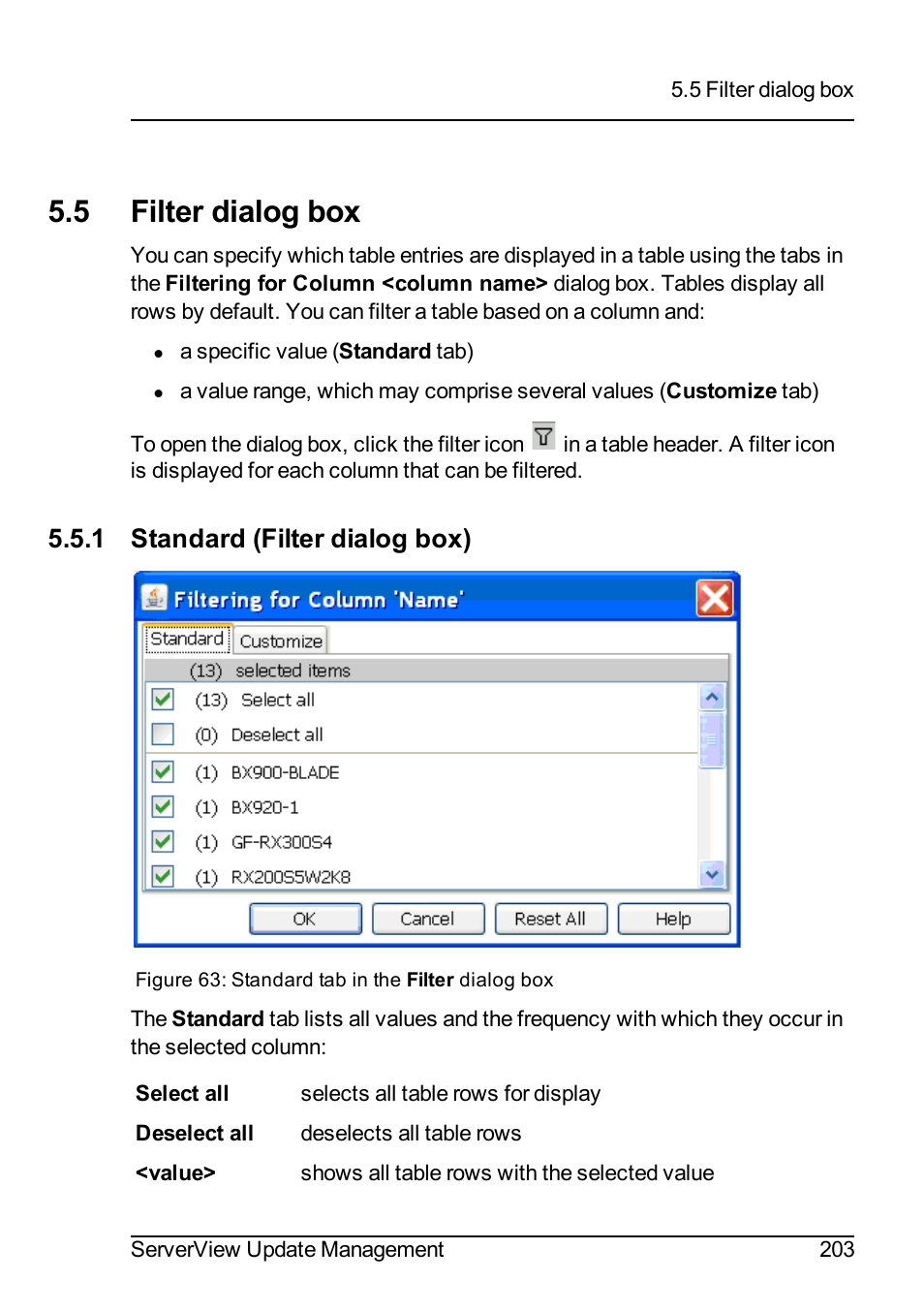 5 filter dialog box, 1 standard (filter dialog box) | FUJITSU ServerView Suite V6.10 User Manual | Page 203 / 296