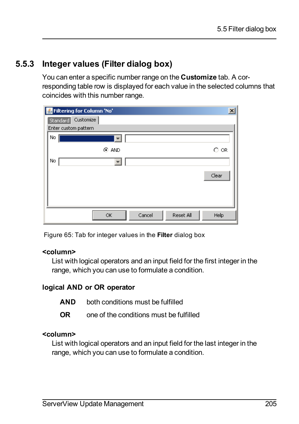 3 integer values (filter dialog box) | FUJITSU ServerView Suite V6.10 User Manual | Page 205 / 296
