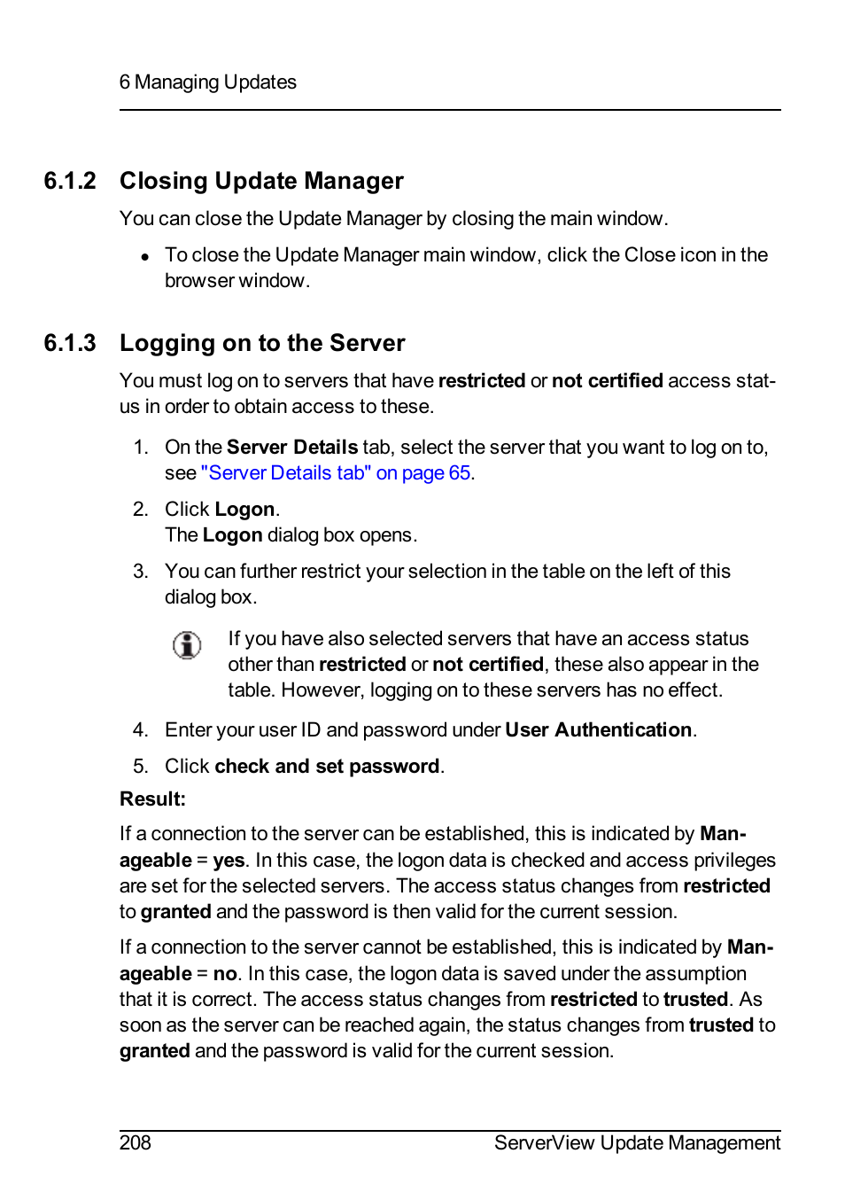 2 closing update manager, 3 logging on to the server | FUJITSU ServerView Suite V6.10 User Manual | Page 208 / 296