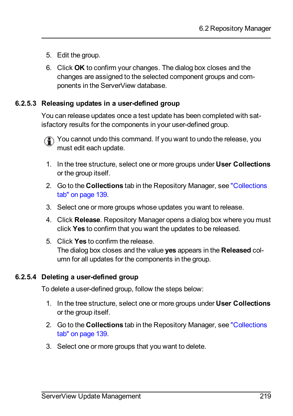 3 releasing updates in a user-defined group, 4 deleting a user-defined group | FUJITSU ServerView Suite V6.10 User Manual | Page 219 / 296