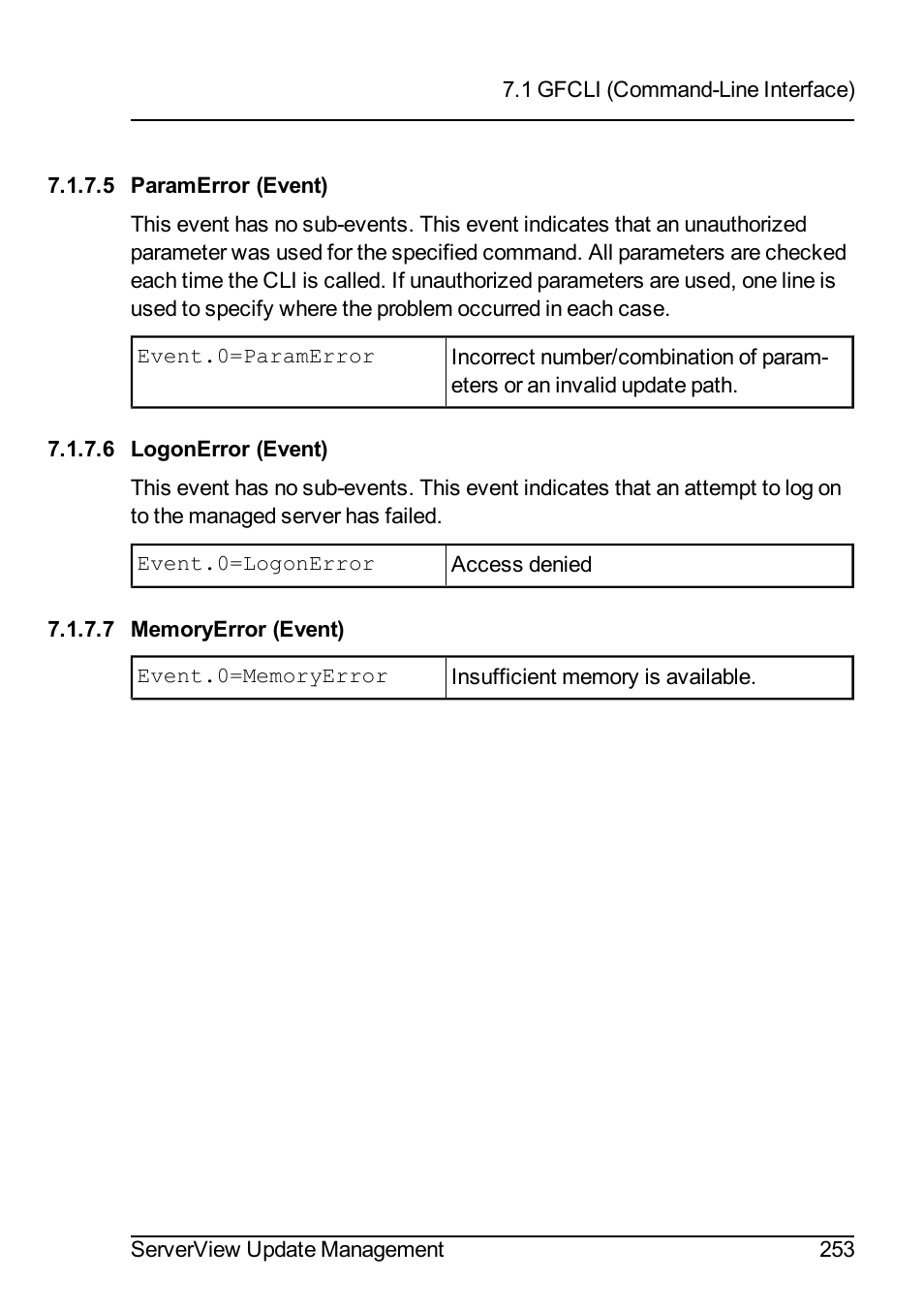5 paramerror (event), 6 logonerror (event), 7 memoryerror (event) | FUJITSU ServerView Suite V6.10 User Manual | Page 253 / 296