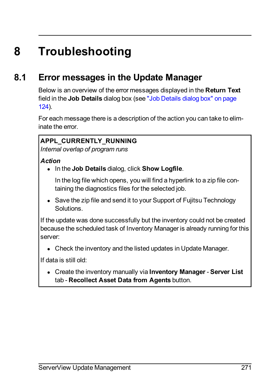 8 troubleshooting, 1 error messages in the update manager, 8troubleshooting | FUJITSU ServerView Suite V6.10 User Manual | Page 271 / 296