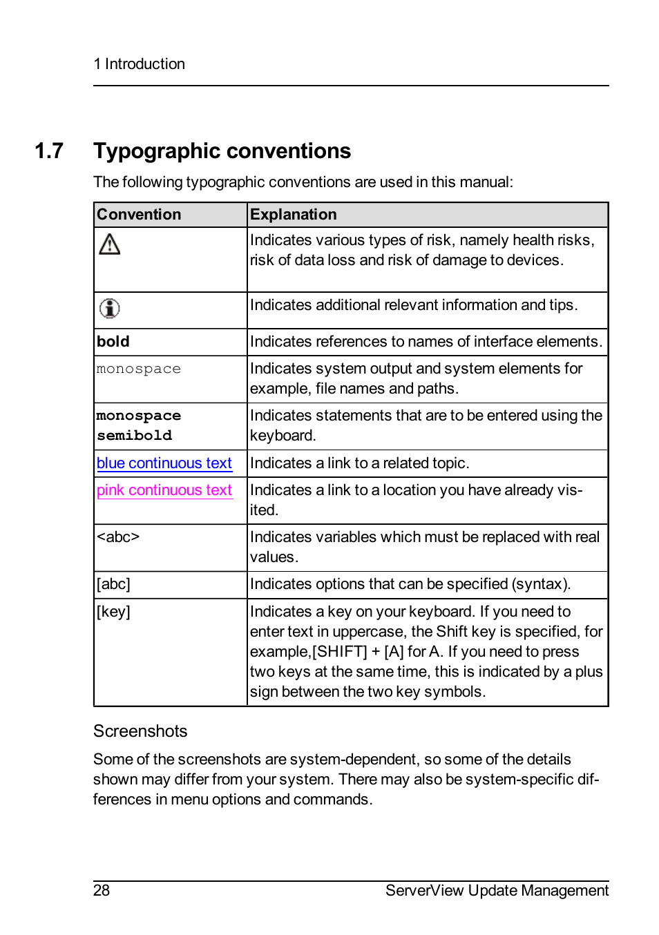 7 typographic conventions | FUJITSU ServerView Suite V6.10 User Manual | Page 28 / 296