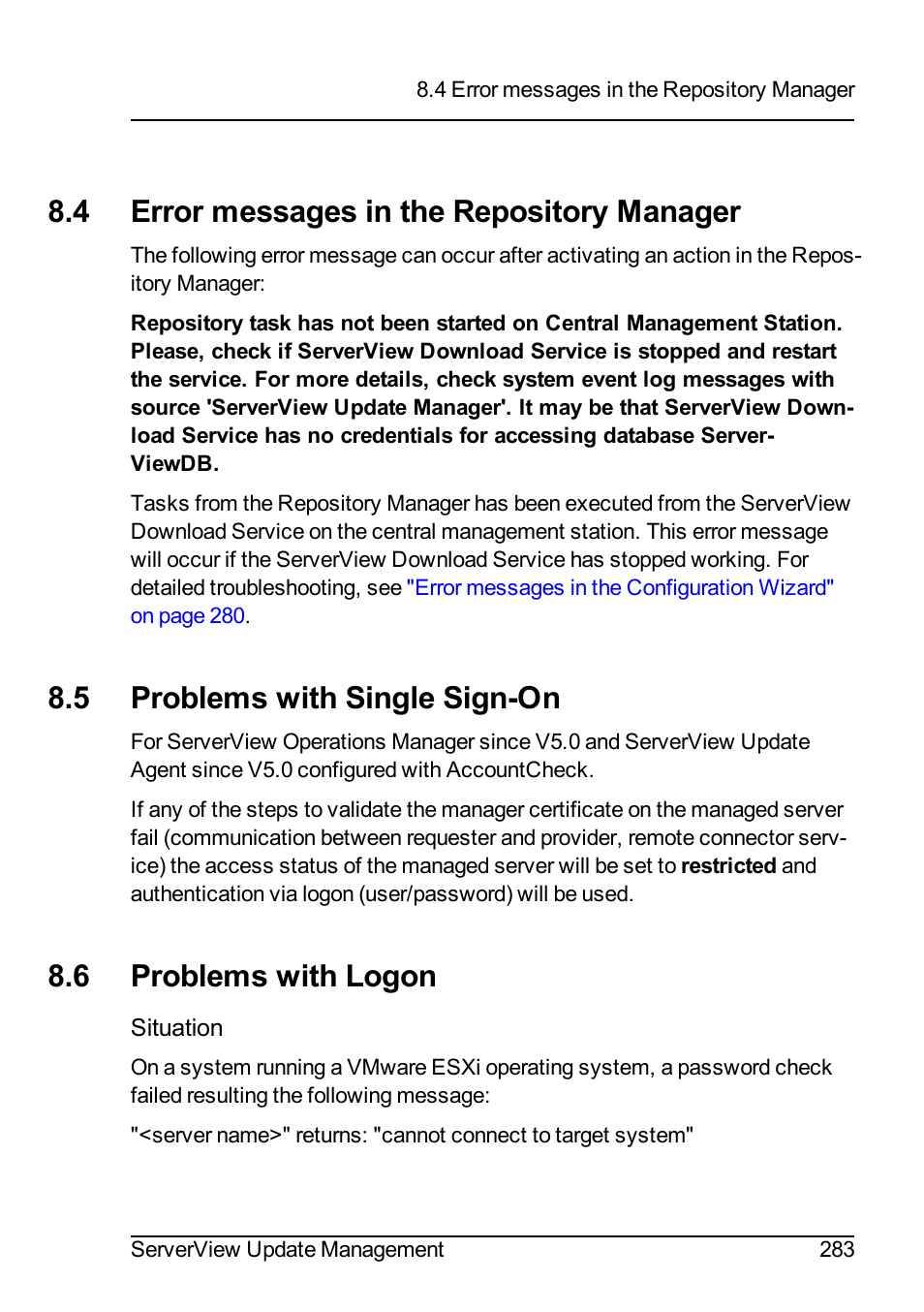 4 error messages in the repository manager, 5 problems with single sign-on, 6 problems with logon | FUJITSU ServerView Suite V6.10 User Manual | Page 283 / 296