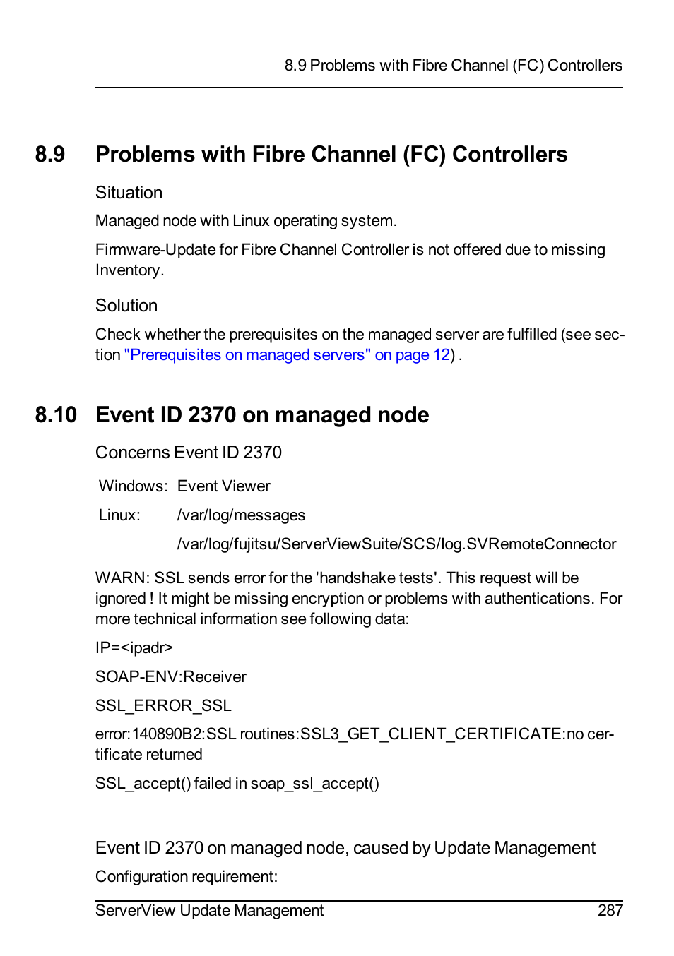 9 problems with fibre channel (fc) controllers, 10 event id 2370 on managed node | FUJITSU ServerView Suite V6.10 User Manual | Page 287 / 296