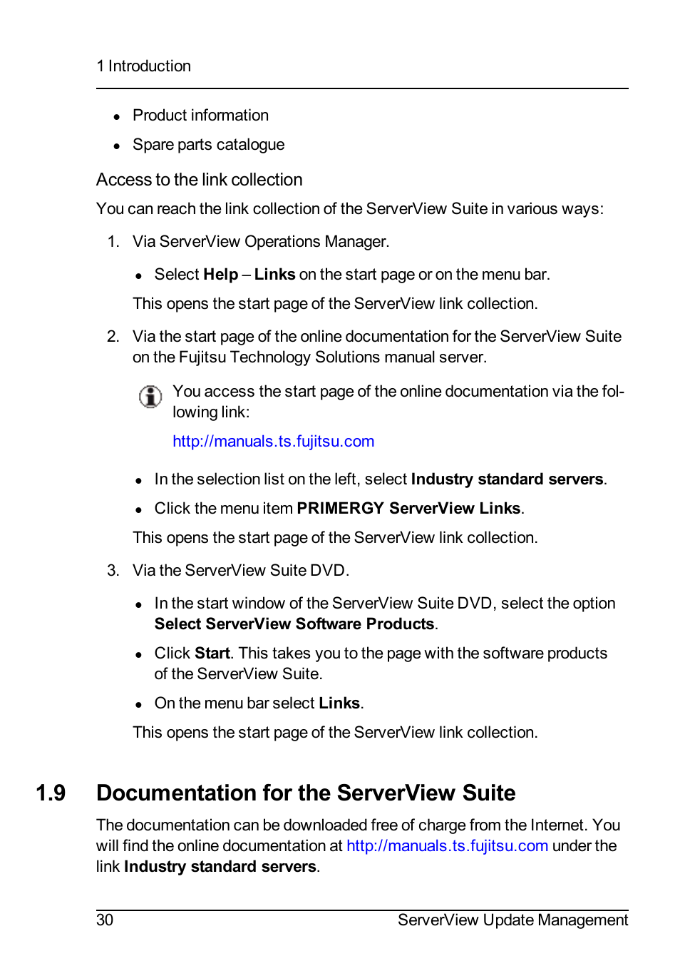 9 documentation for the serverview suite, Access to the link collection | FUJITSU ServerView Suite V6.10 User Manual | Page 30 / 296