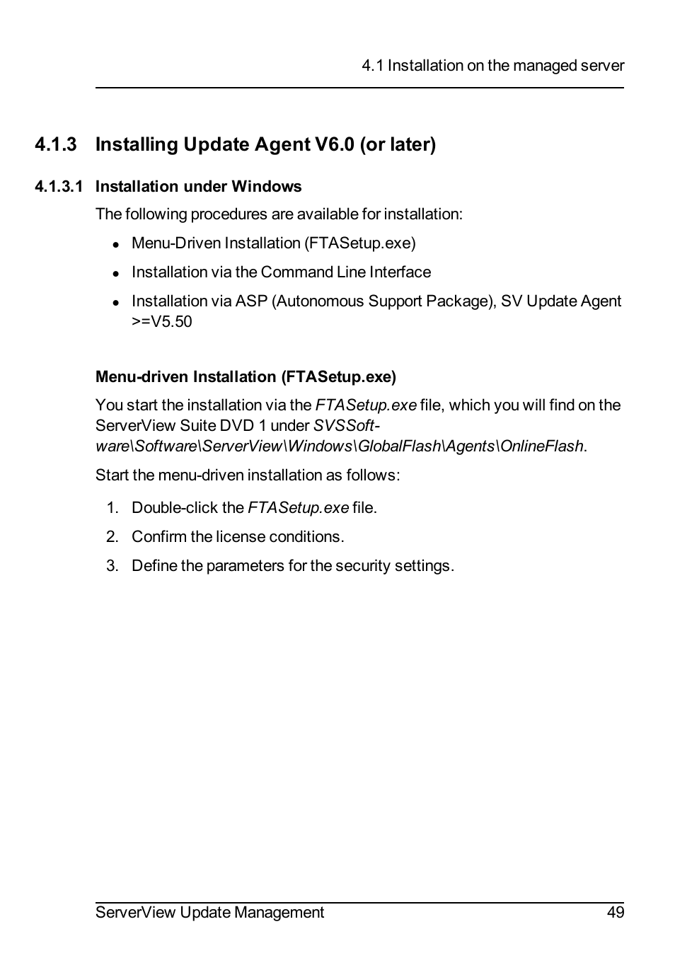 3 installing update agent v6.0 (or later), 1 installation under windows | FUJITSU ServerView Suite V6.10 User Manual | Page 49 / 296