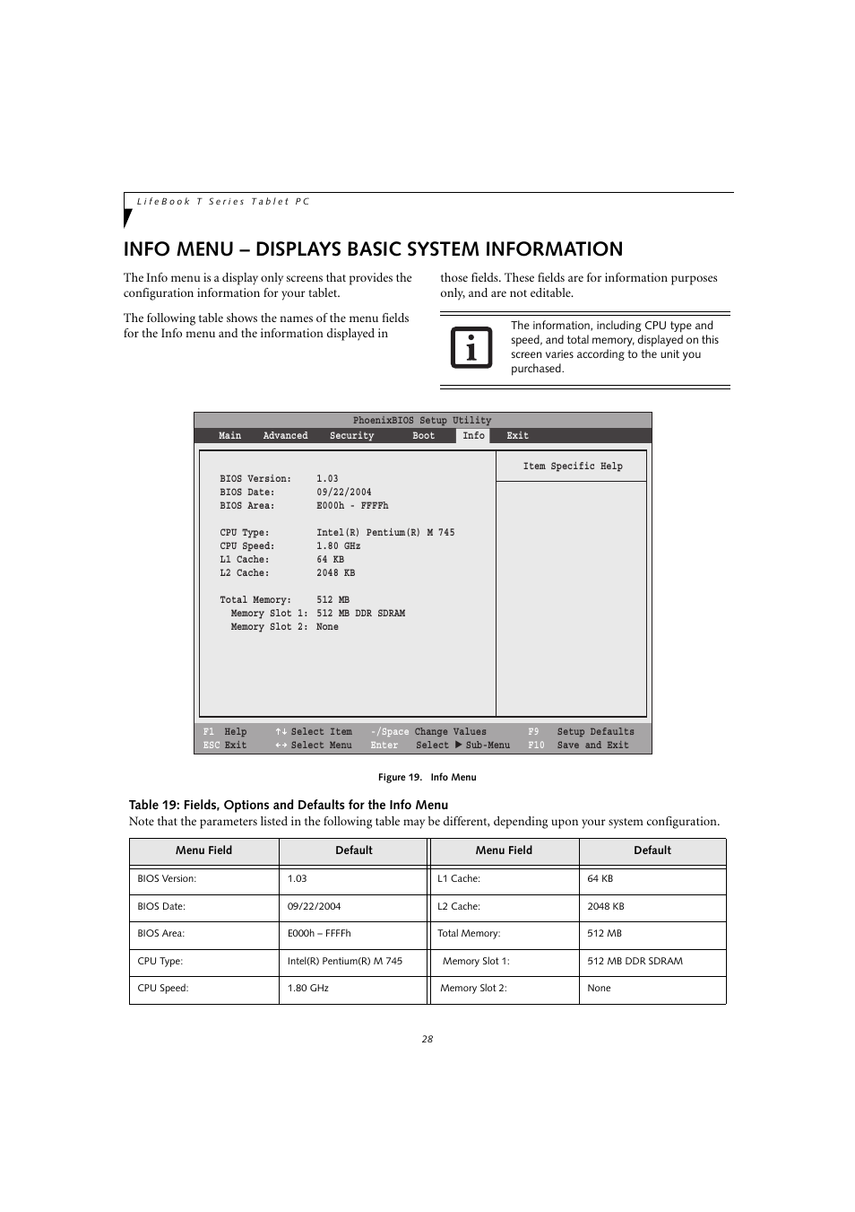 Info menu – displays basic system information | FUJITSU T4010D User Manual | Page 28 / 29