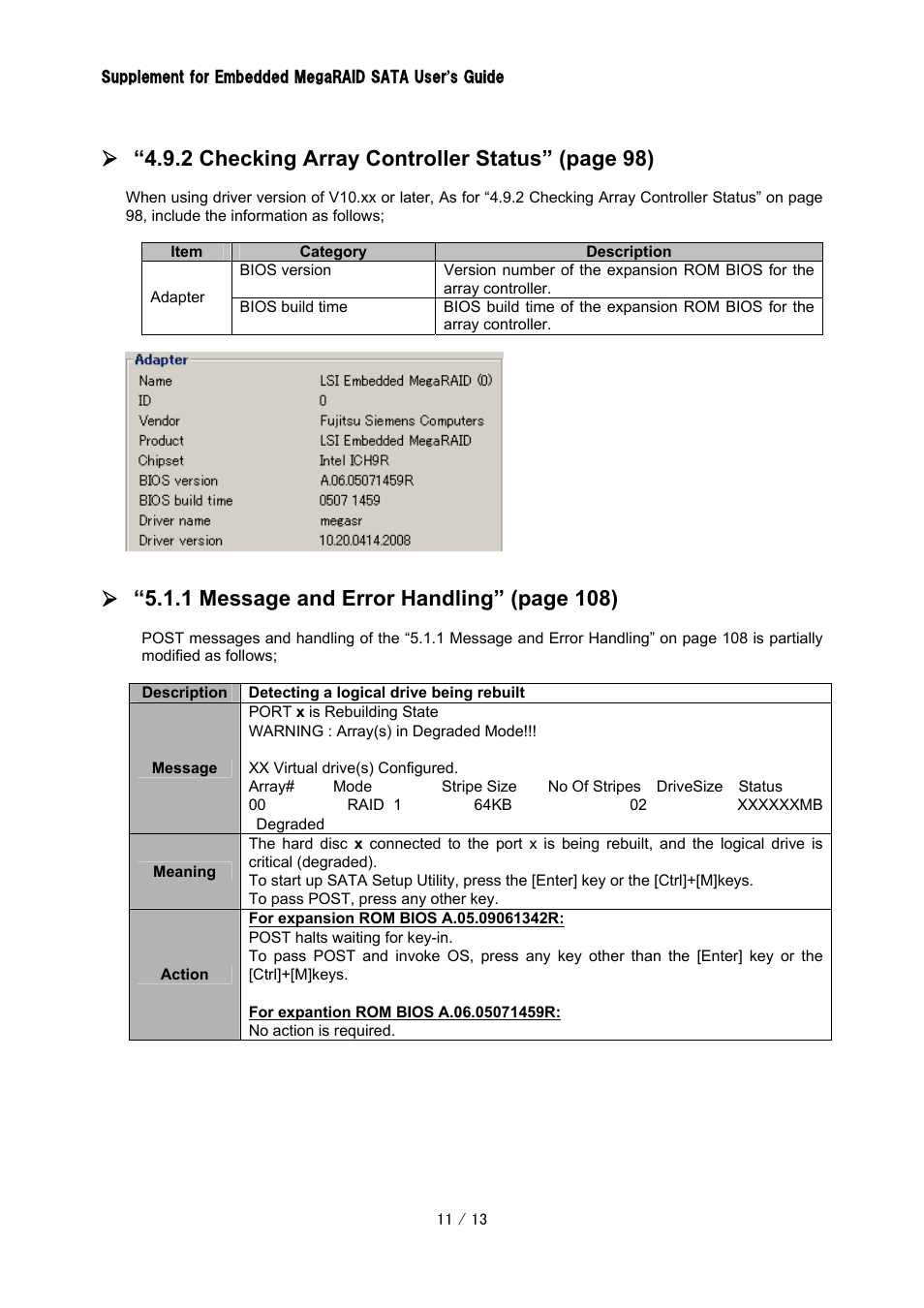2 checking array controller status” (page 98), 1 message and error handling” (page 108) | FUJITSU Embedded MegaRAID SATA CA97232-0014-01EN User Manual | Page 11 / 13