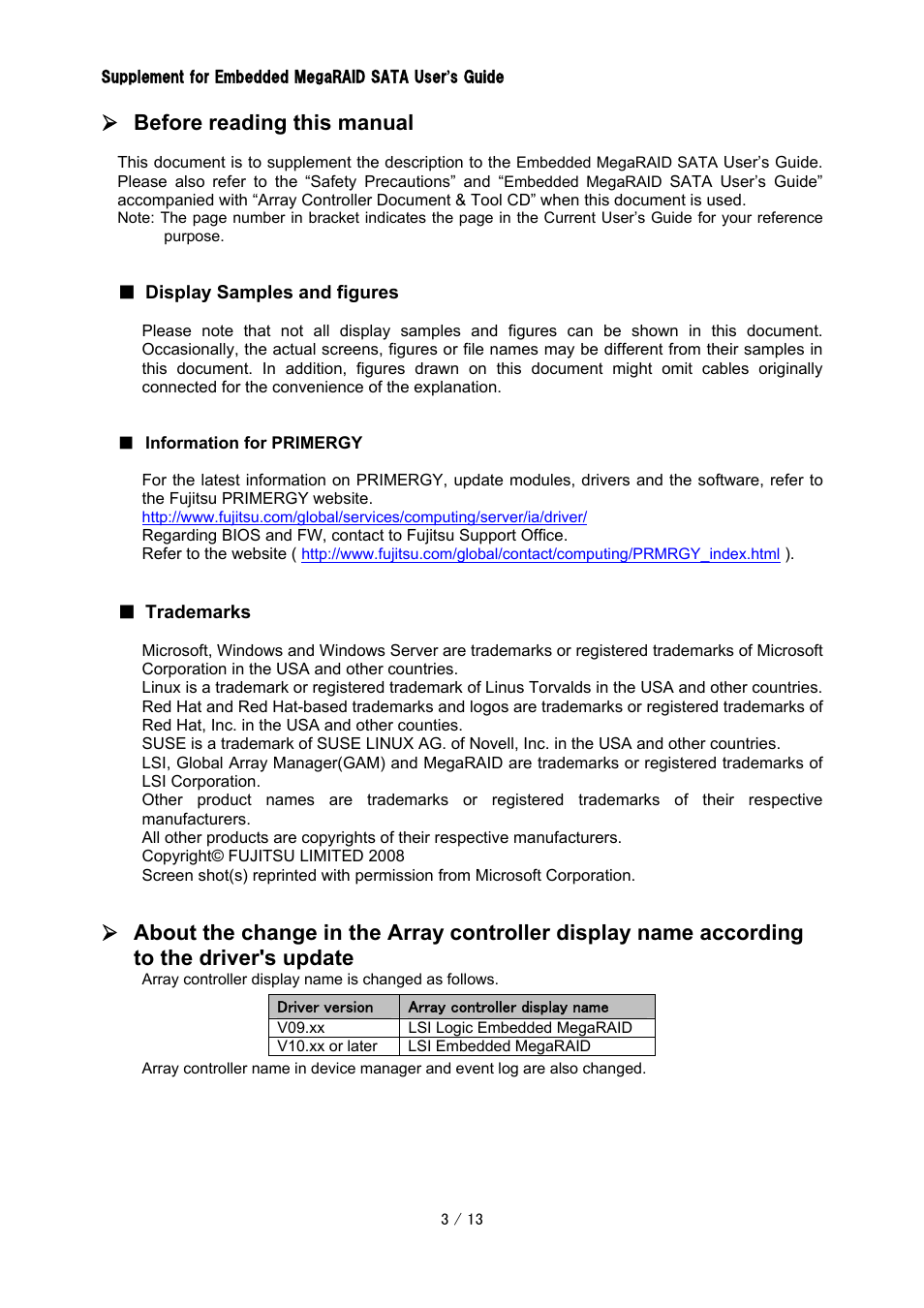 Before reading this manual | FUJITSU Embedded MegaRAID SATA CA97232-0014-01EN User Manual | Page 3 / 13