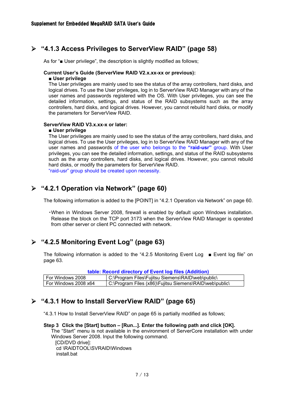 3 access privileges to serverview raid” (page 58), 1 operation via network” (page 60), 5 monitoring event log” (page 63) | 1 how to install serverview raid” (page 65) | FUJITSU Embedded MegaRAID SATA CA97232-0014-01EN User Manual | Page 7 / 13