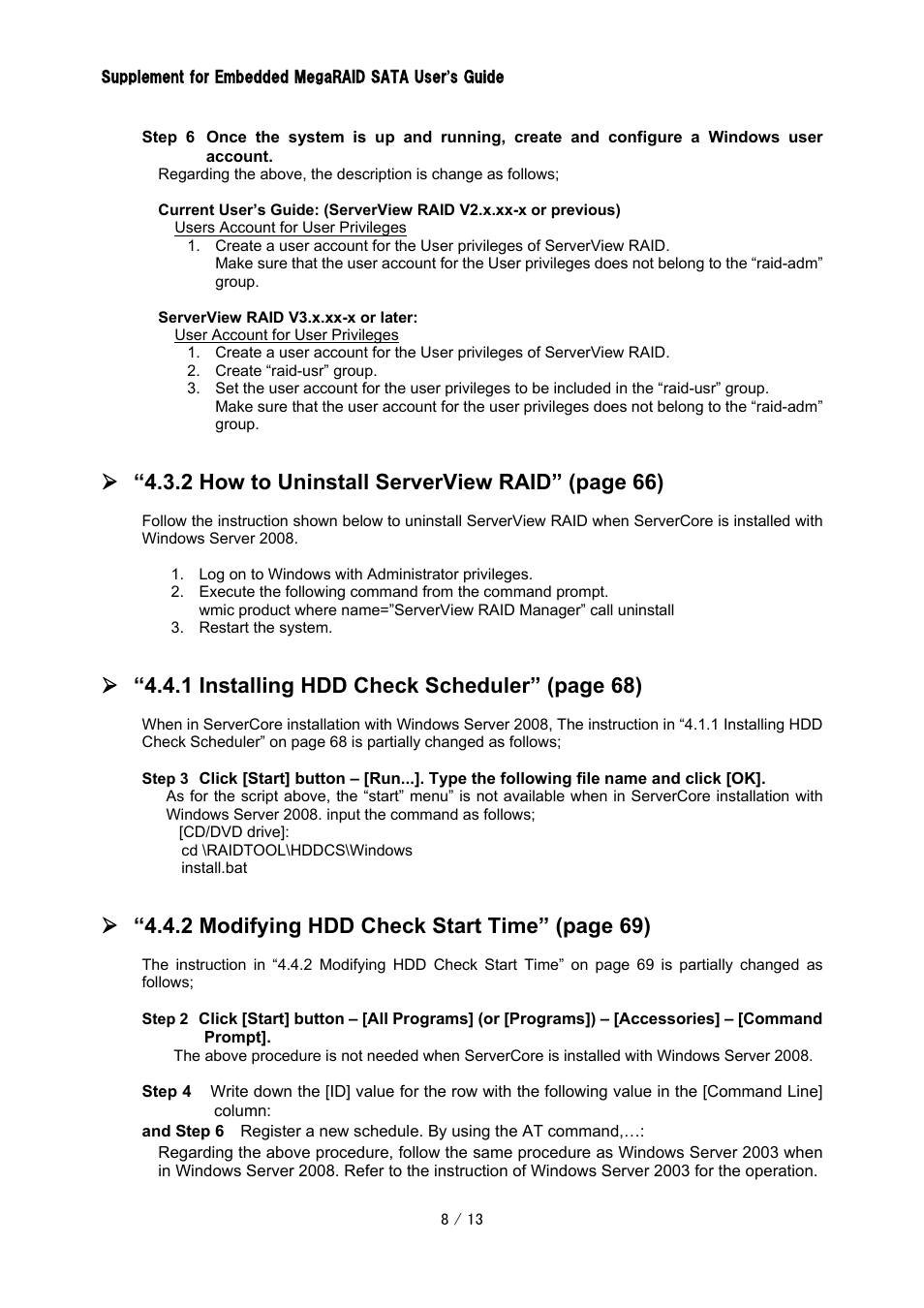 2 how to uninstall serverview raid” (page 66), 1 installing hdd check scheduler” (page 68), 2 modifying hdd check start time” (page 69) | FUJITSU Embedded MegaRAID SATA CA97232-0014-01EN User Manual | Page 8 / 13