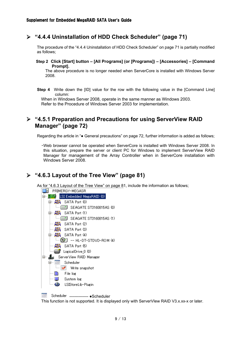 4 uninstallation of hdd check scheduler” (page 71), 3 layout of the tree view” (page 81) | FUJITSU Embedded MegaRAID SATA CA97232-0014-01EN User Manual | Page 9 / 13