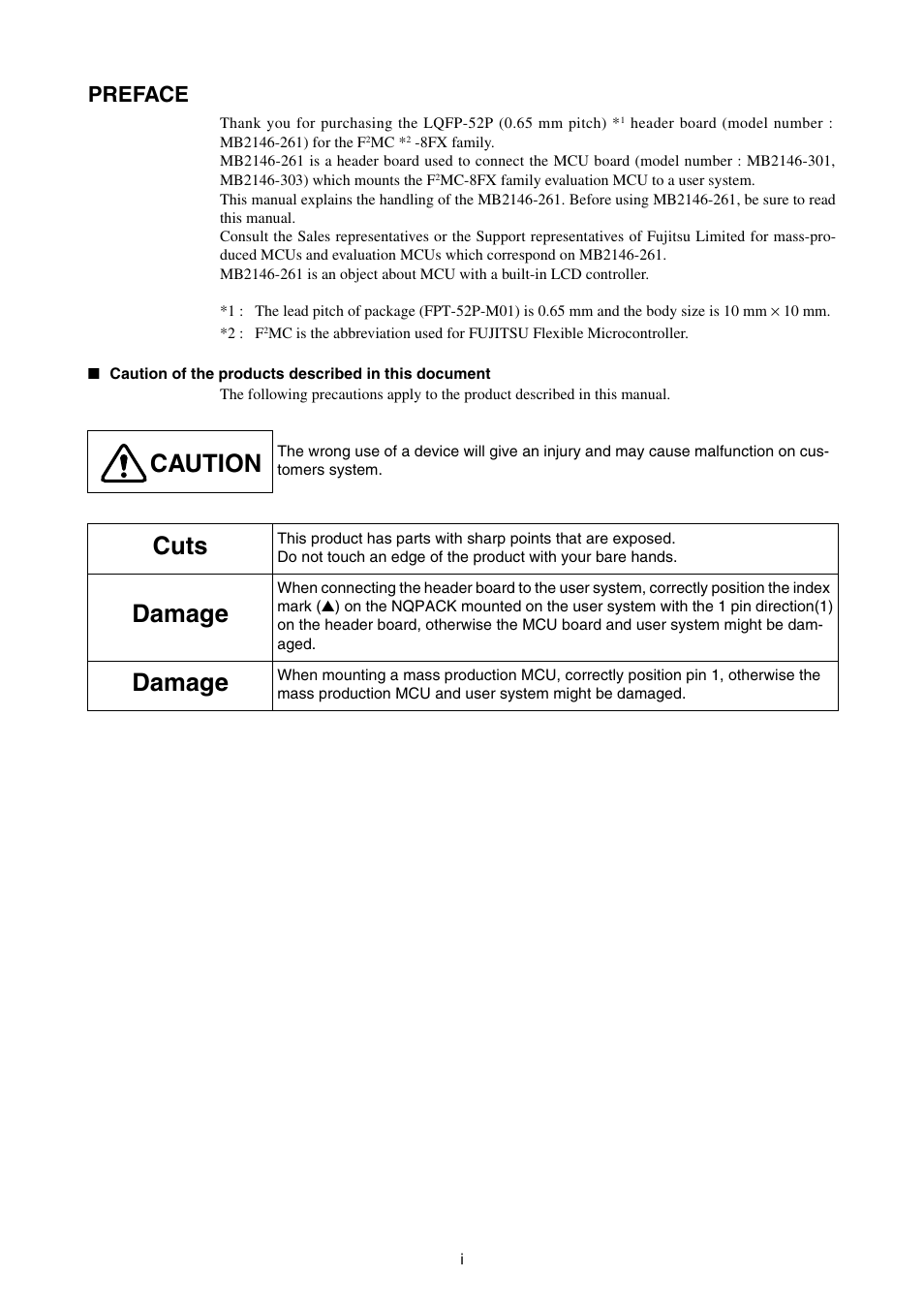 Preface, Caution, Cuts | Damage | FUJITSU LQFP-52P User Manual | Page 2 / 16