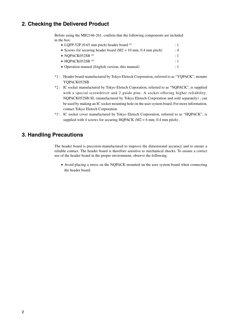 Checking the delivered product, Handling precautions | FUJITSU LQFP-52P User Manual | Page 5 / 16