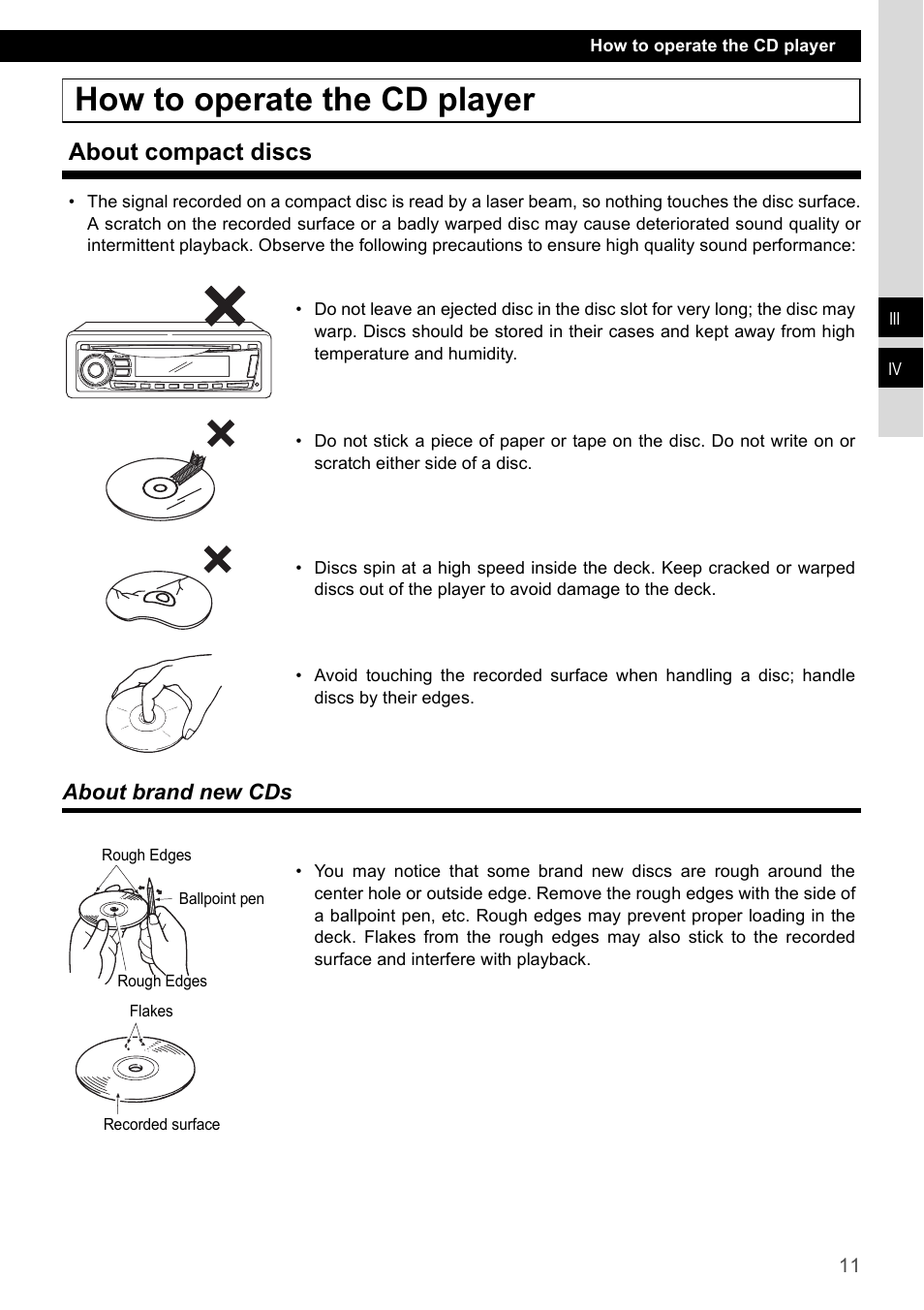 How to operate the cd player, About compact discs, About brand new cds | FUJITSU CD1000 User Manual | Page 11 / 99