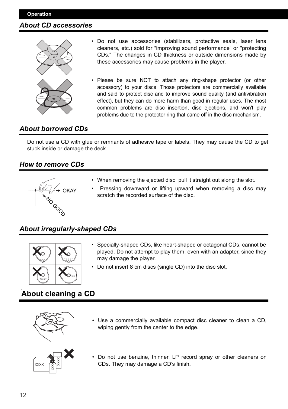 About cd accessories, About borrowed cds, How to remove cds | About irregularly-shaped cds, About cleaning a cd, About cd accessories about borrowed cds, How to remove cds about irregularly-shaped cds | FUJITSU CD1000 User Manual | Page 12 / 99