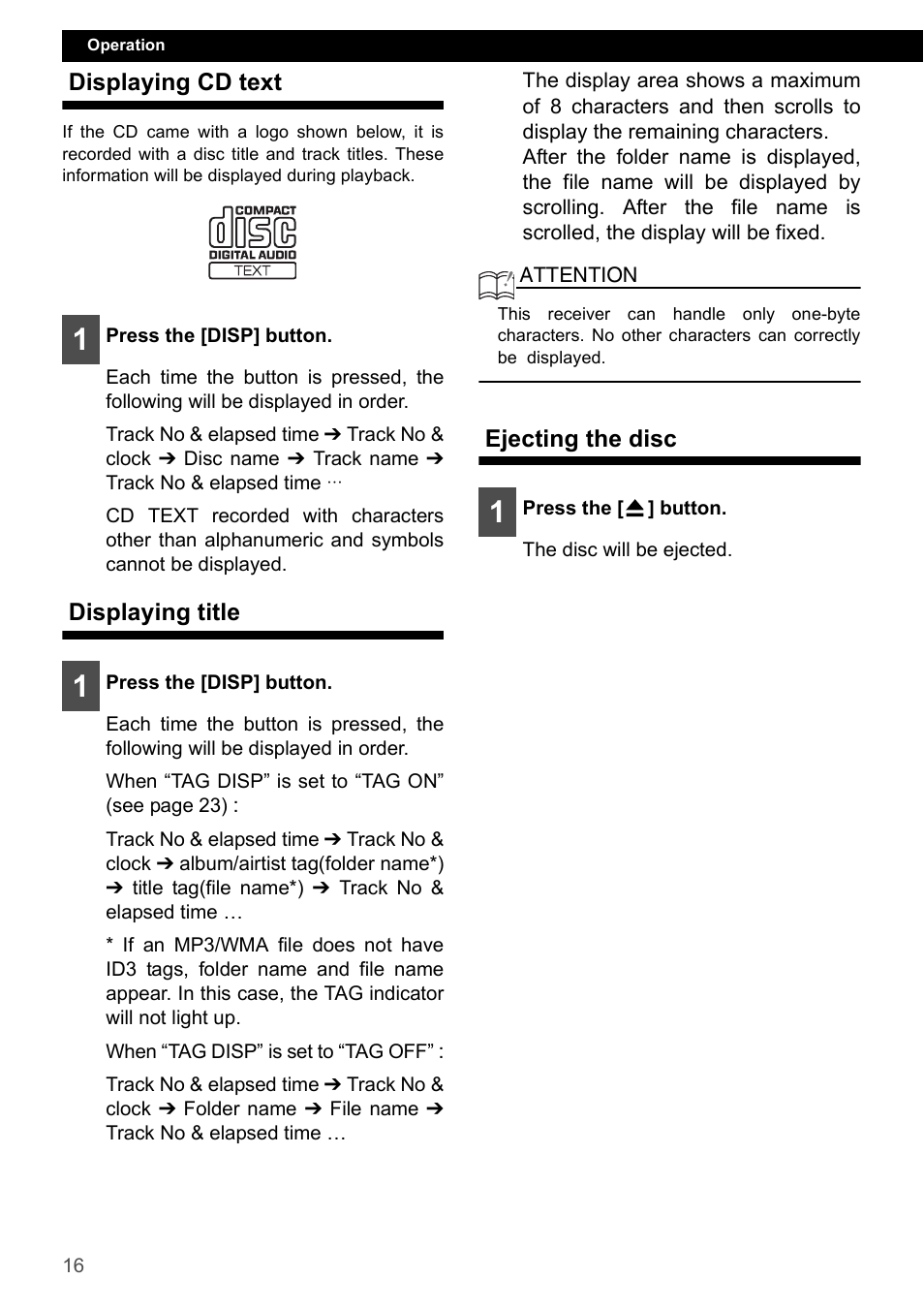 Displaying cd text, Displaying title, Ejecting the disc | FUJITSU CD1000 User Manual | Page 16 / 99