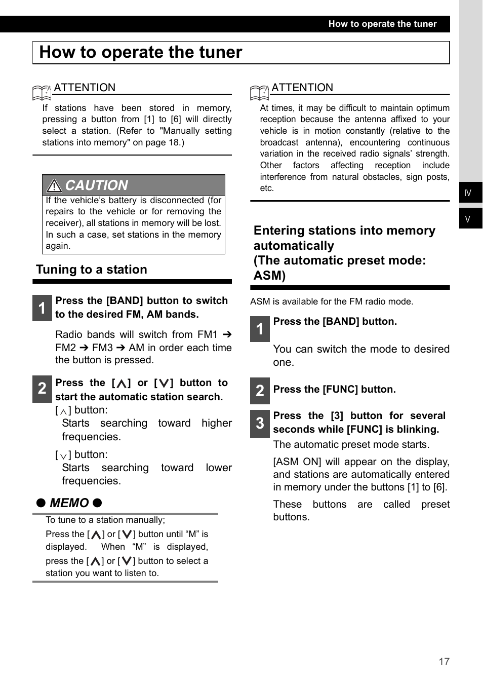 How to operate the tuner, Tuning to a station, Caution | FUJITSU CD1000 User Manual | Page 17 / 99