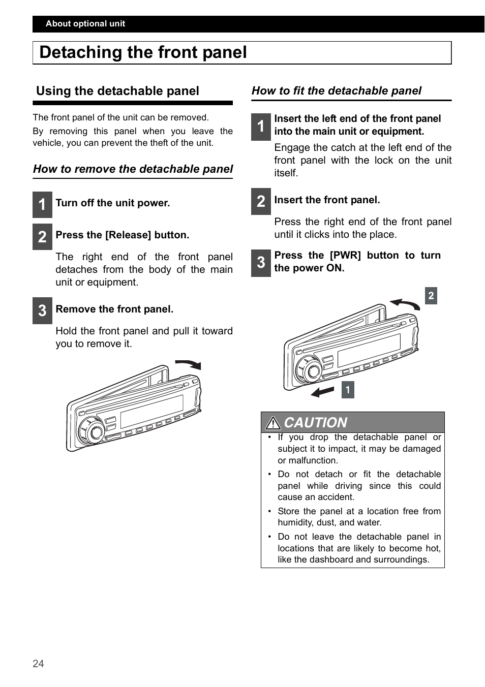 Detaching the front panel, Using the detachable panel, How to remove the detachable panel | How to fit the detachable panel, Caution | FUJITSU CD1000 User Manual | Page 24 / 99