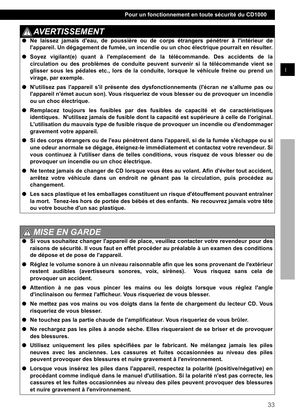 Avertissement, Mise en garde | FUJITSU CD1000 User Manual | Page 33 / 99