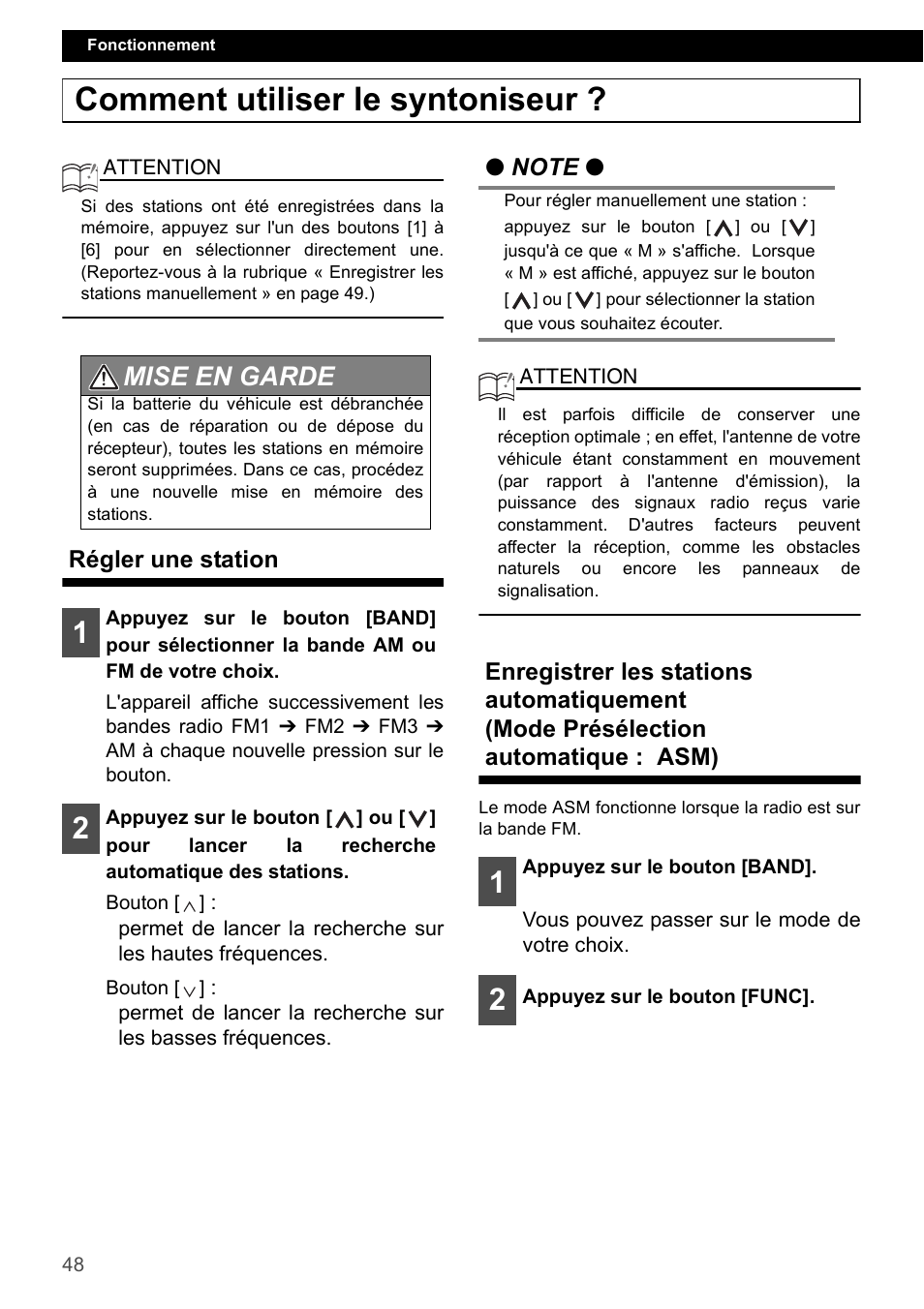 Comment utiliser le syntoniseur, Régler une station, Mise en garde | FUJITSU CD1000 User Manual | Page 48 / 99