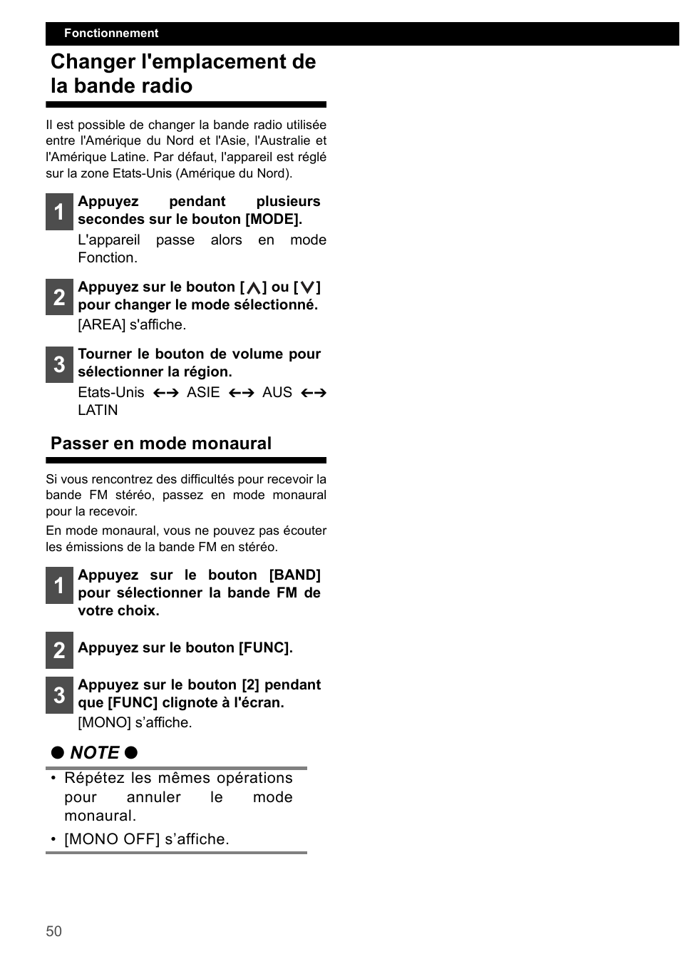 Changer l'emplacement de la bande radio, Passer en mode monaural | FUJITSU CD1000 User Manual | Page 50 / 99