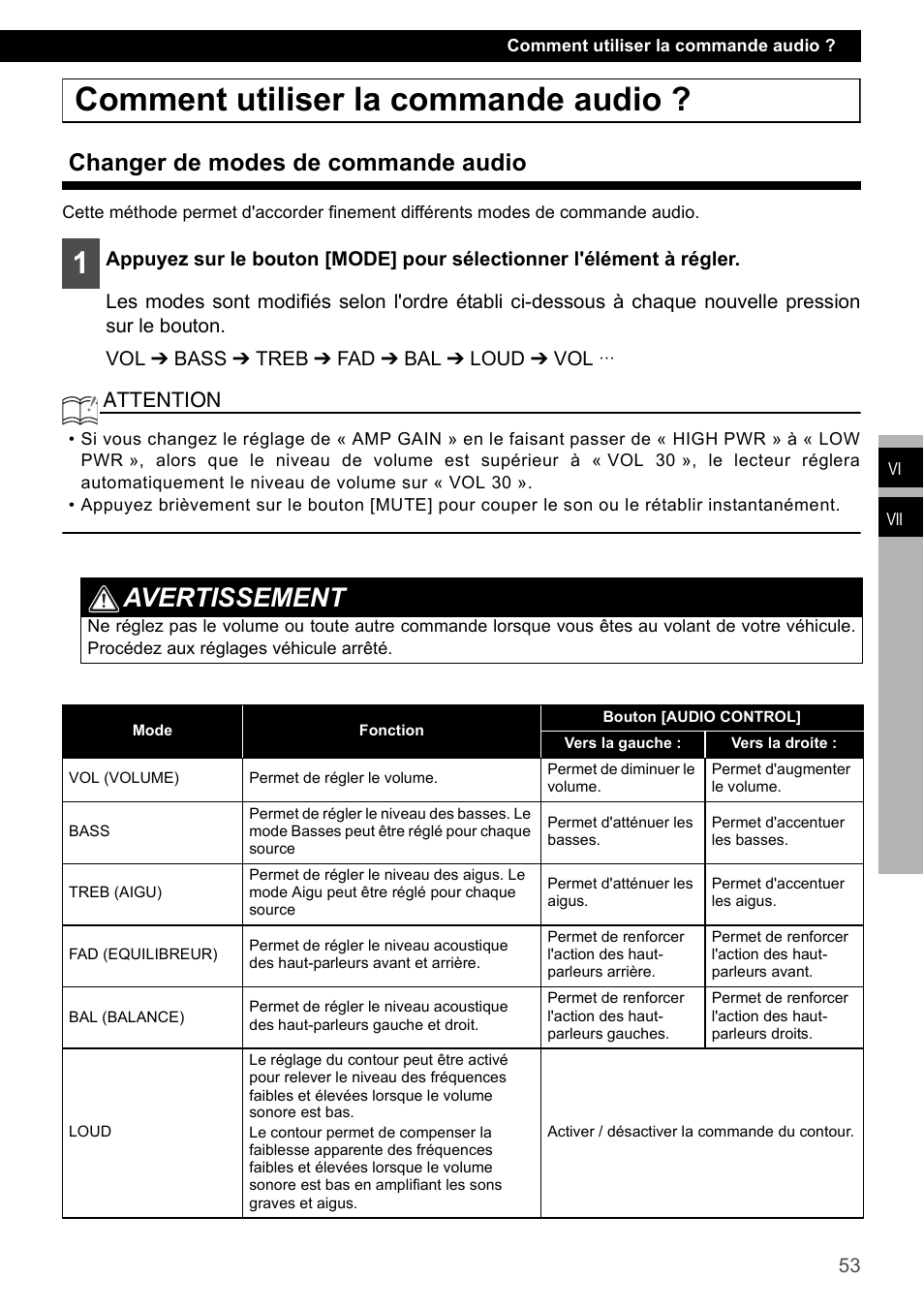 Comment utiliser la commande audio, Changer de modes de commande audio, Avertissement | Attention | FUJITSU CD1000 User Manual | Page 53 / 99